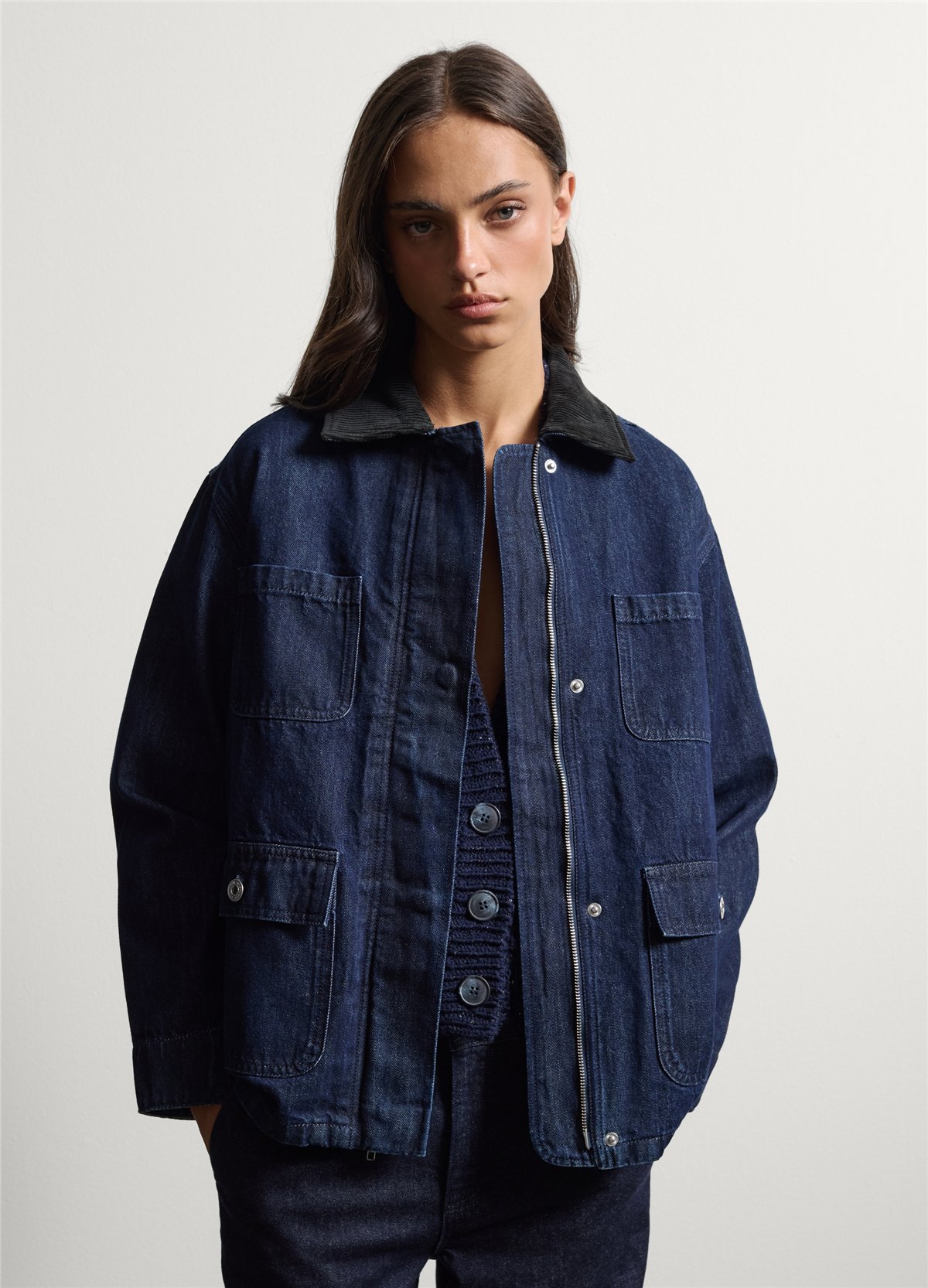 Mavi Kadife Yakalı Oversize Fit Saf Pamuk Denim Ceket