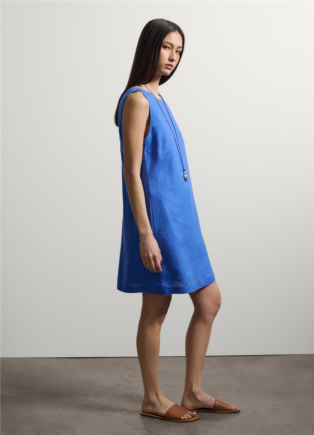 Mavi Kolsuz Keten Mini Elbise Regular Fit