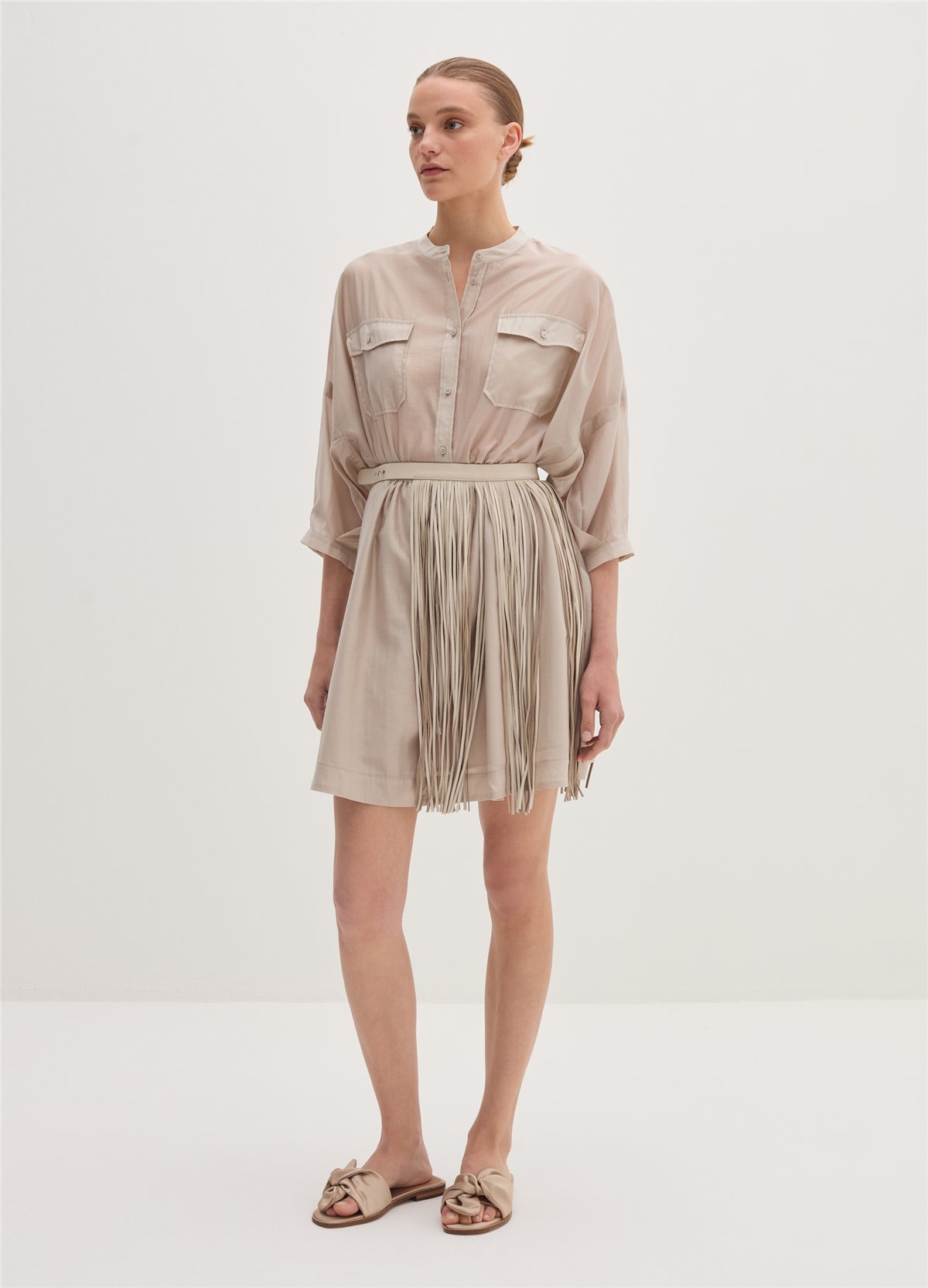 Müslin Kumaştan Kısa Gömlek Bej Elbise