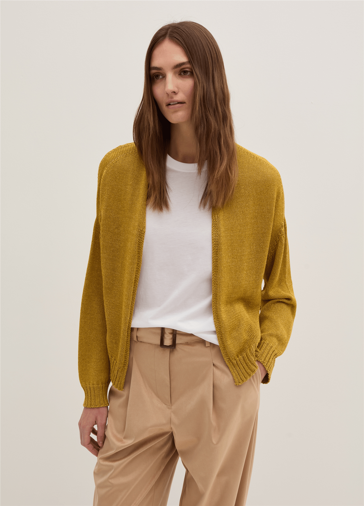 Oversize Önü Açık Dikişsiz Hardal Sarısı Hırka