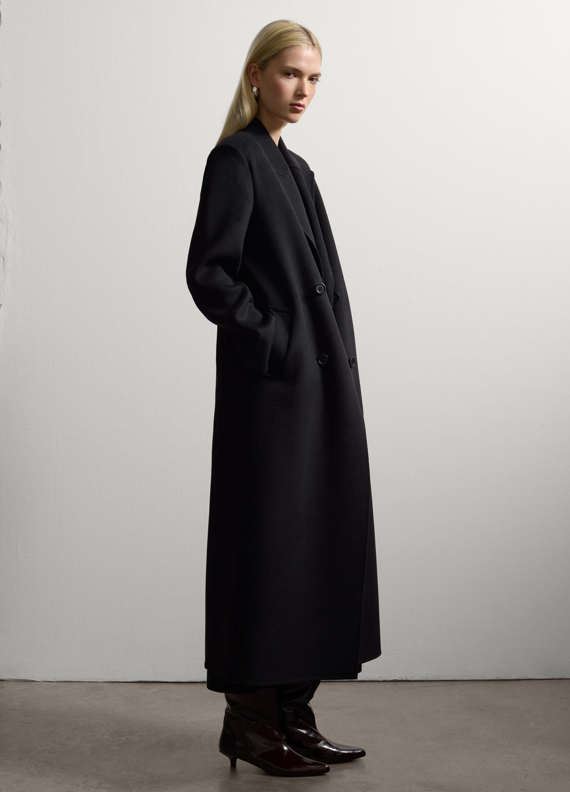 Oversize Siyah Yün Karışımlı Palto