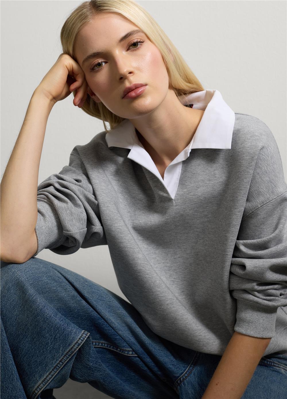 Pamuk Karışımlı Regular Kalıp Kontrast Yaka Gri Sweatshirt