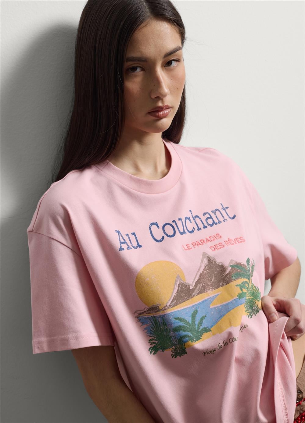 Pembe Baskılı Oversize Pamuk Tişört