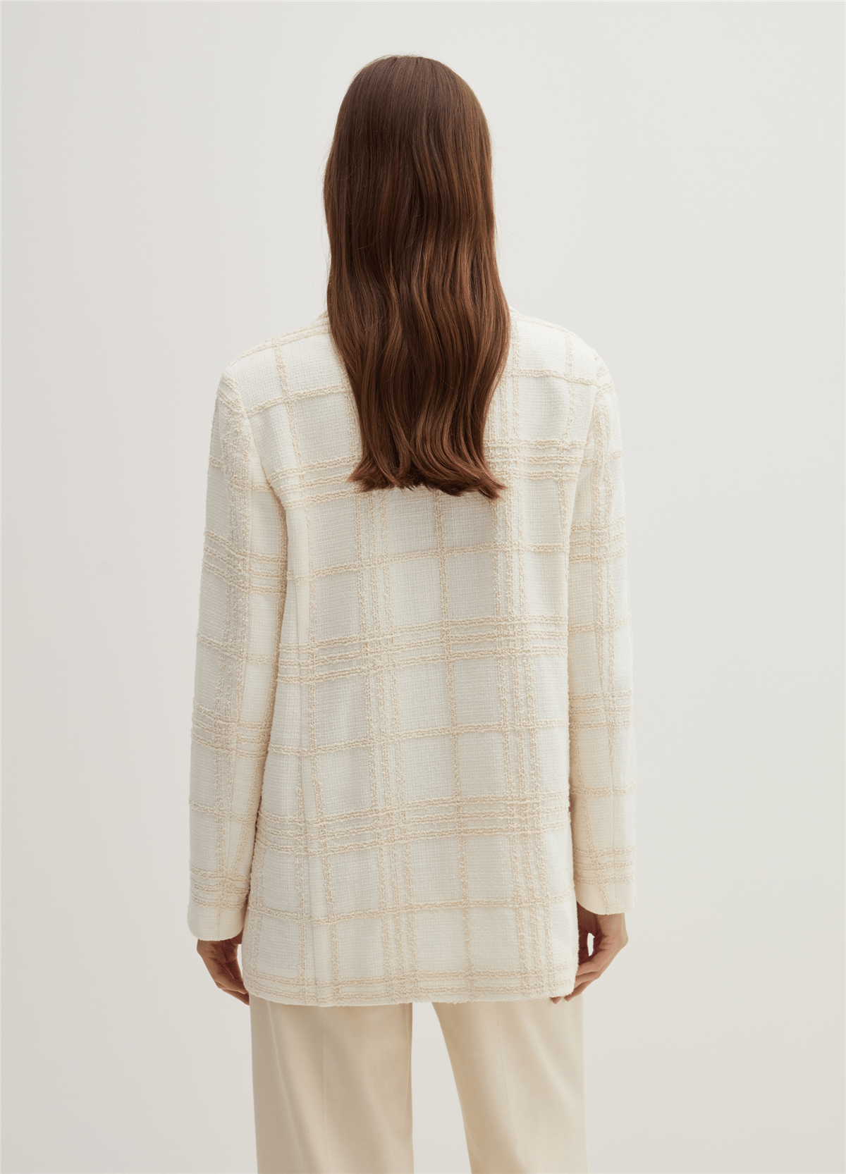 Pencere Kafesi Desenli Bukle Beyaz Blazer