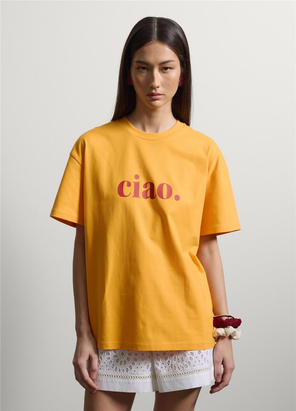 Sarı Slogan Baskılı Oversize Kısa Kollu Pamuk Tişört