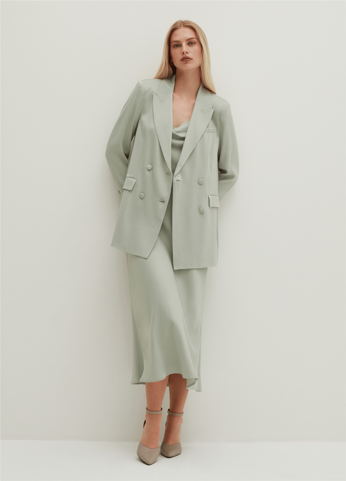 Saten Kruvaze Mint Blazer