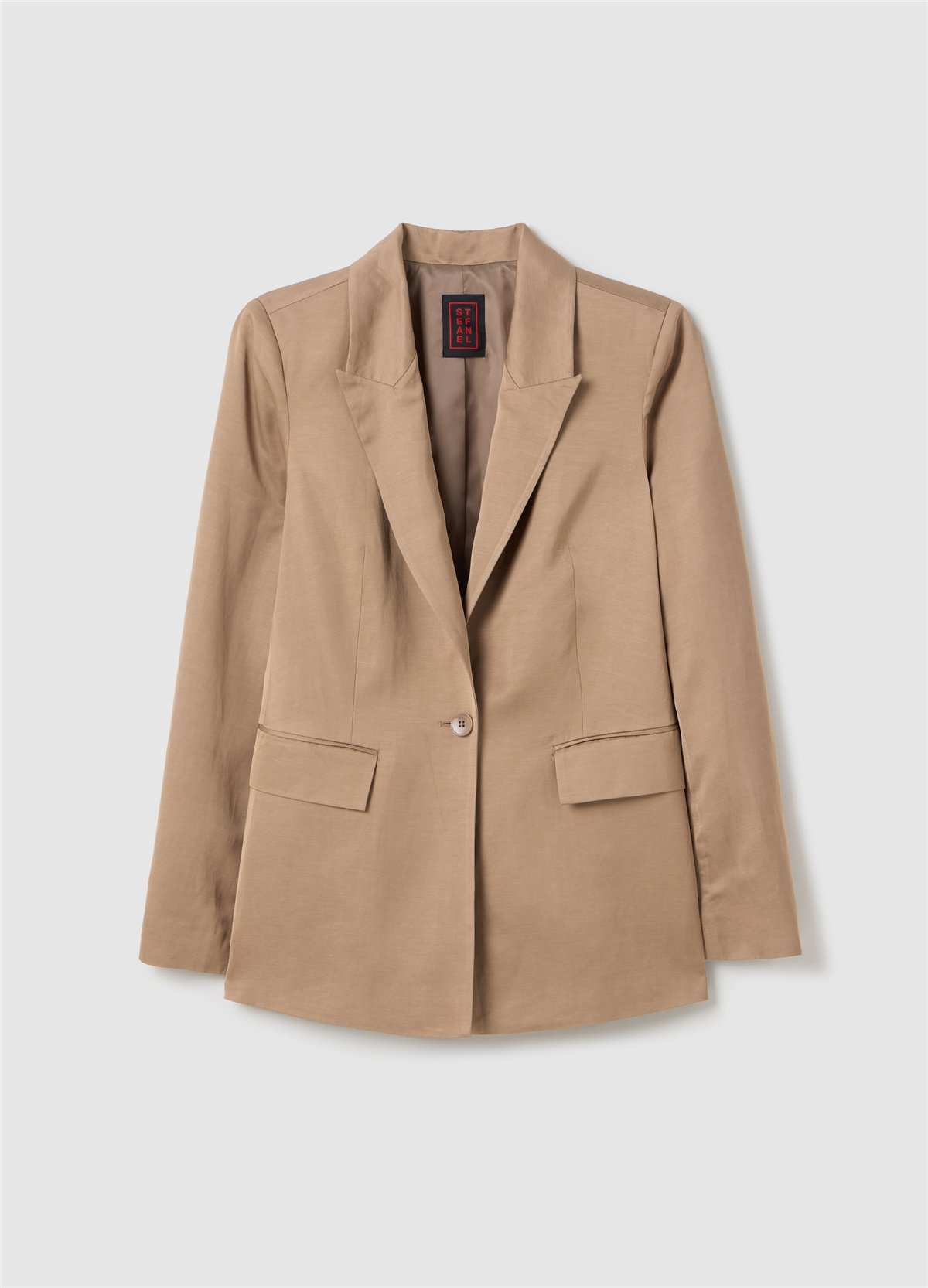 Saten Tek Düğmeli Bej Blazer