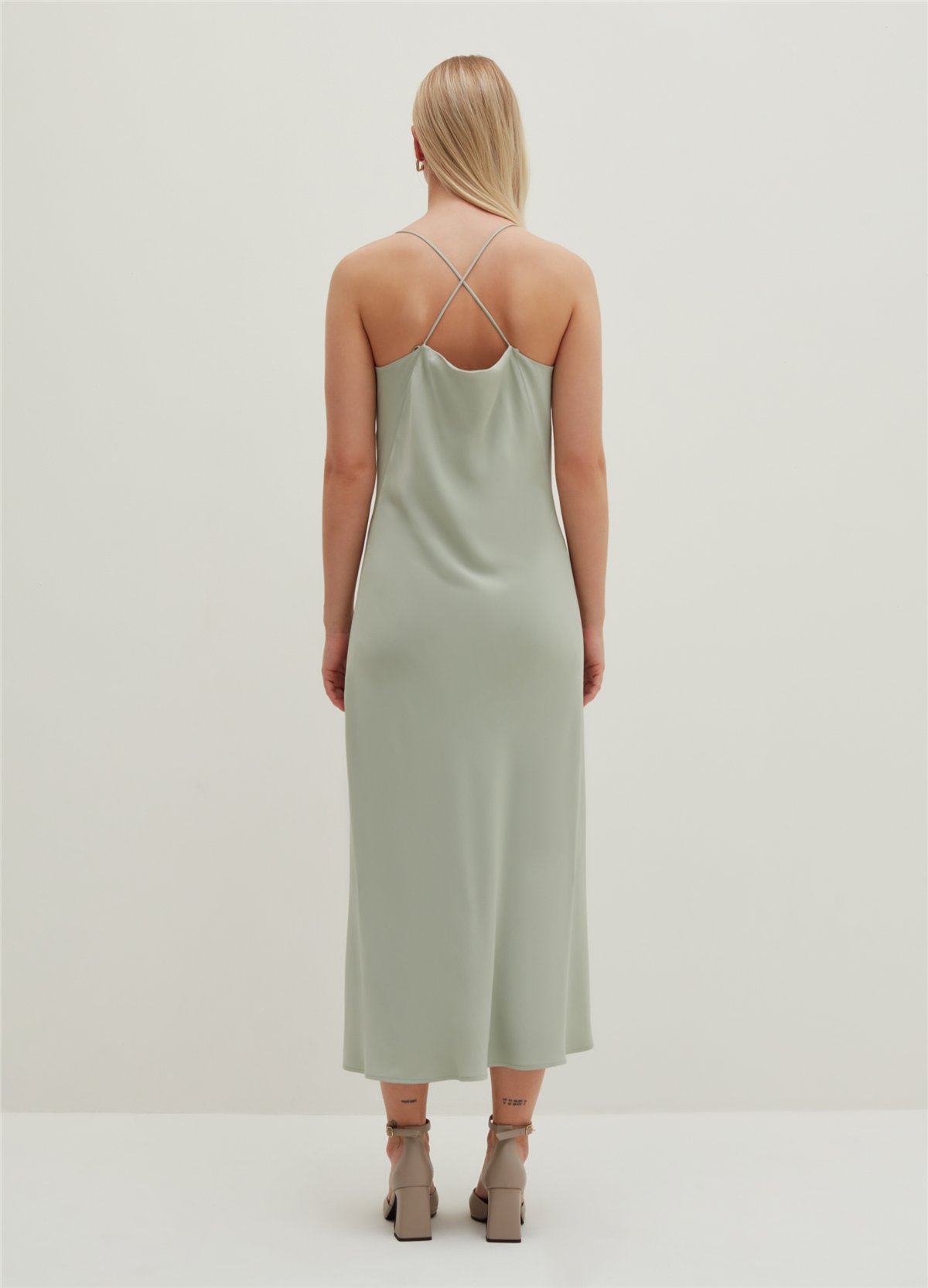 Saten Viskoz Mint Midi Elbise