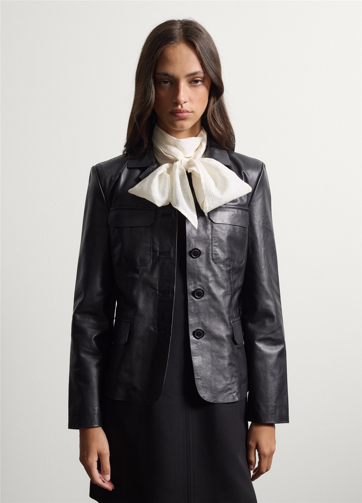 Siyah Hakiki Deri Klasik Yaka Regular Fit Blazer Ceket