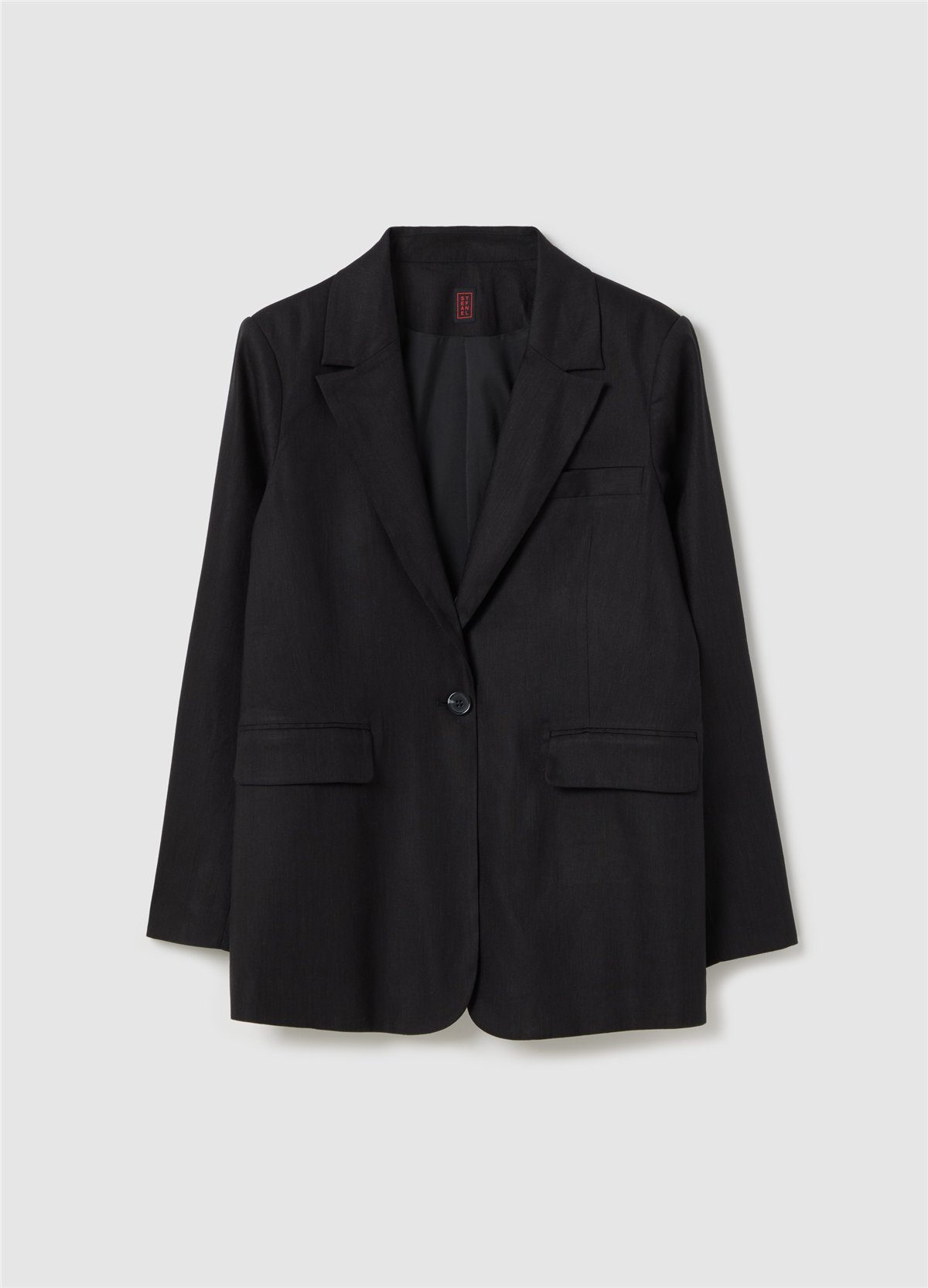 Stretch Viskon ve Keten Tek Düğmeli Siyah Blazer