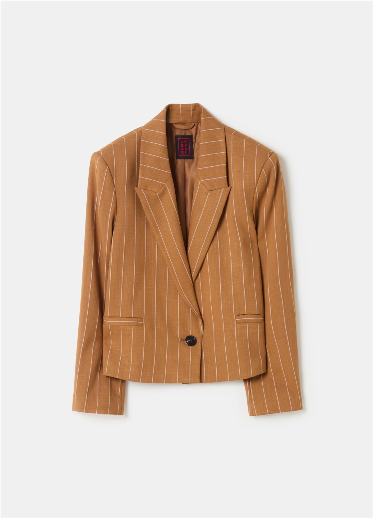 Tek Sıra Düğmeli Kısa Kesim İnce Çizgili Kahverengi Blazer