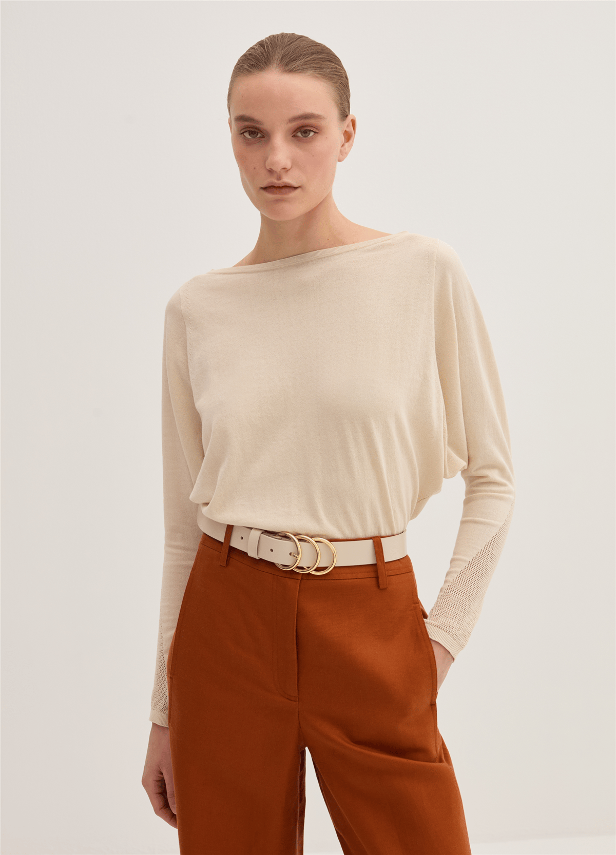Tül Detaylı Crêpe Crop Bej Bluz