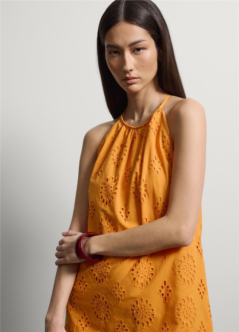 Turuncu Pamuk Broderie Anglaise Mini Elbise