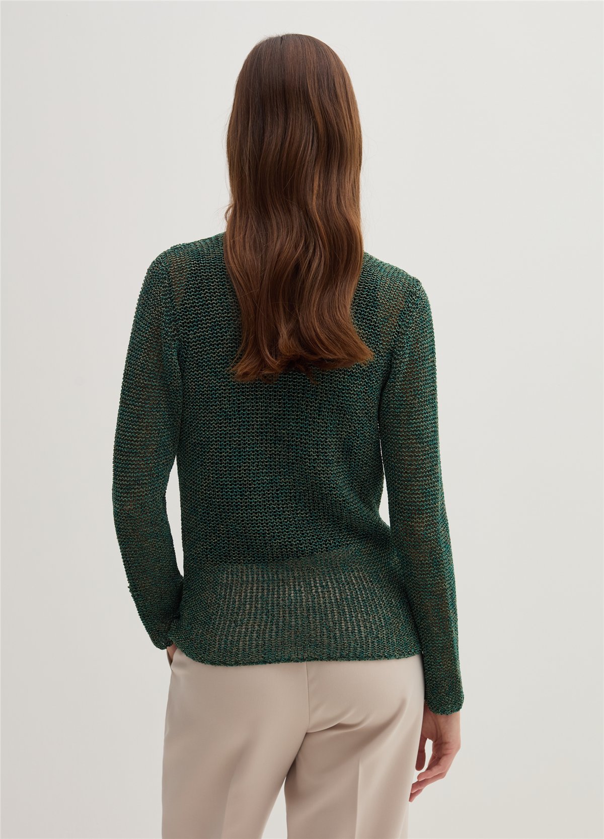 Yeşil Yarı Transparan Ajurlu Jakar Bluz