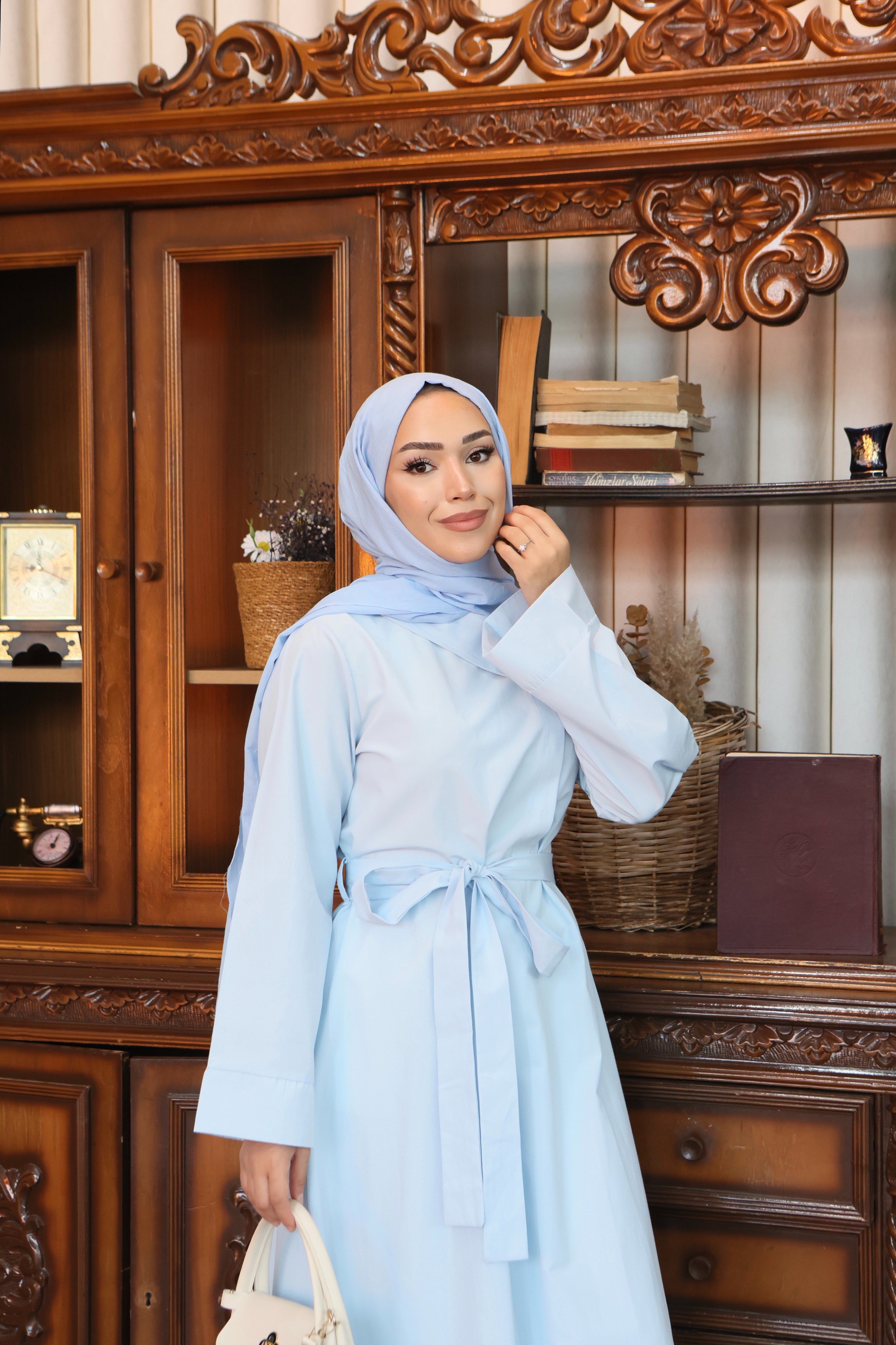 Bel Kuşaklı Poplin Bebe Mavi elbise 