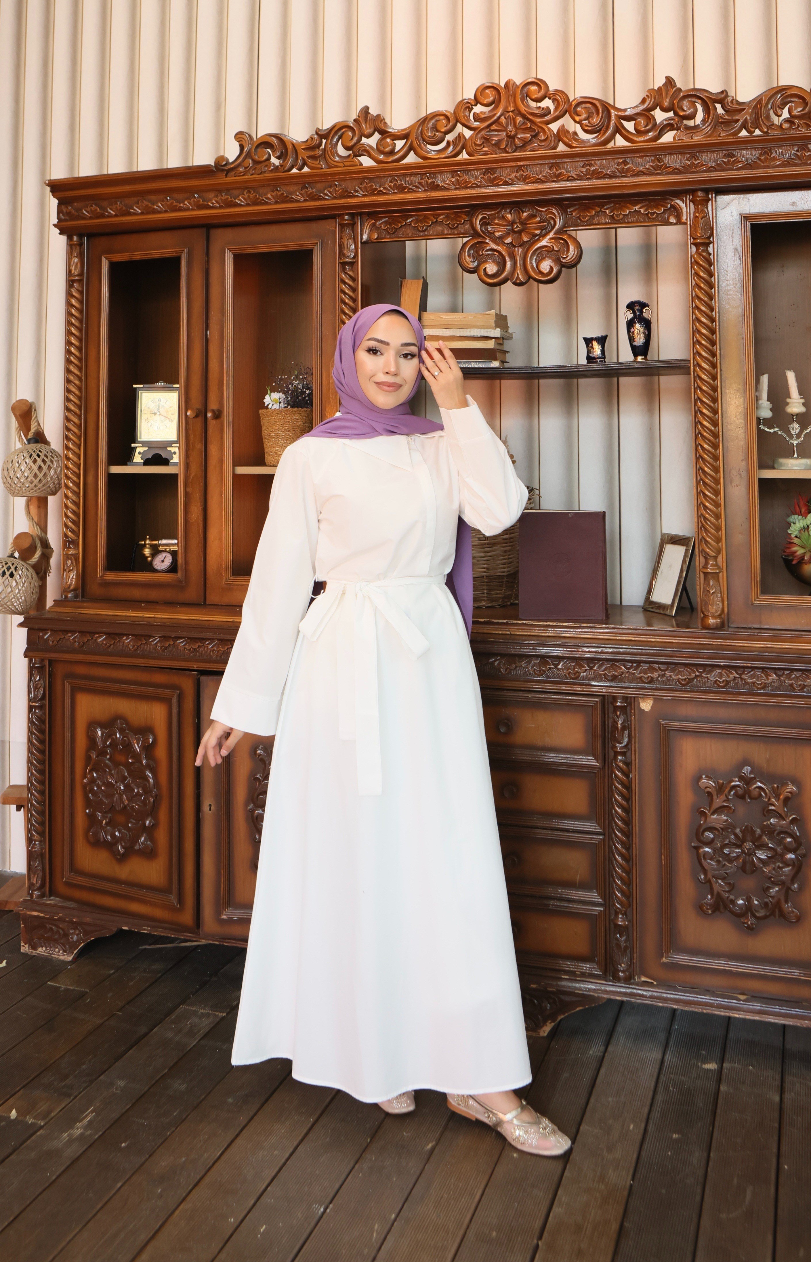 Bel Kuşaklı Poplin Beyaz elbise 