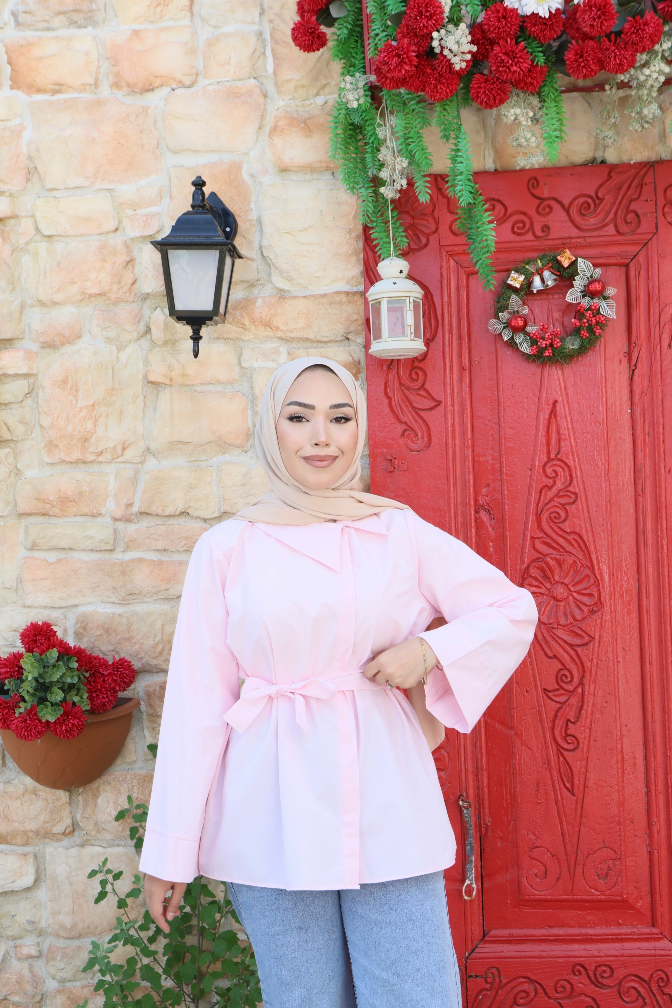 Belden Kuşaklı Geniş Kollu Poplin Gömlek
