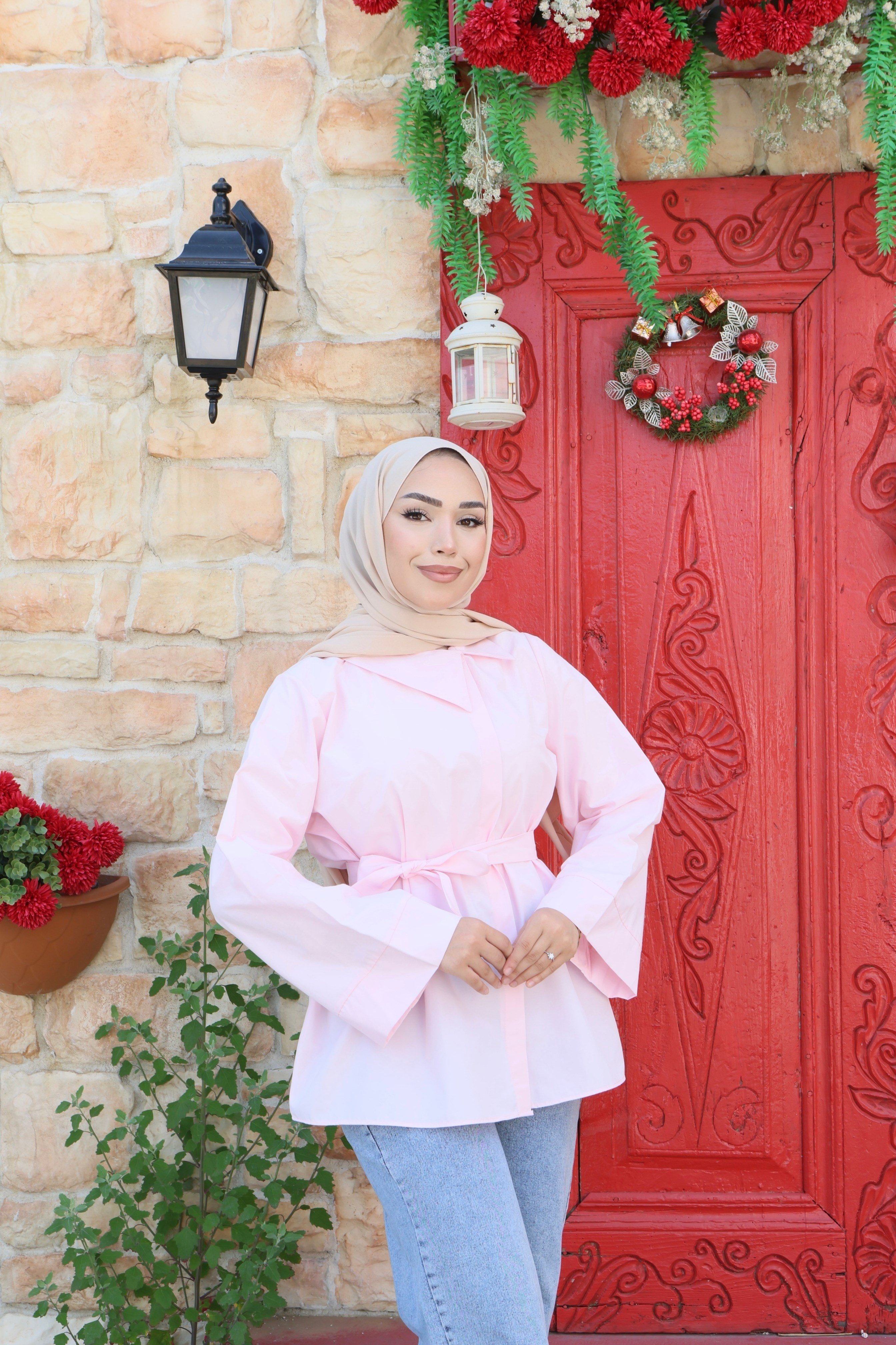 Belden Kuşaklı Geniş Kollu Poplin Gömlek