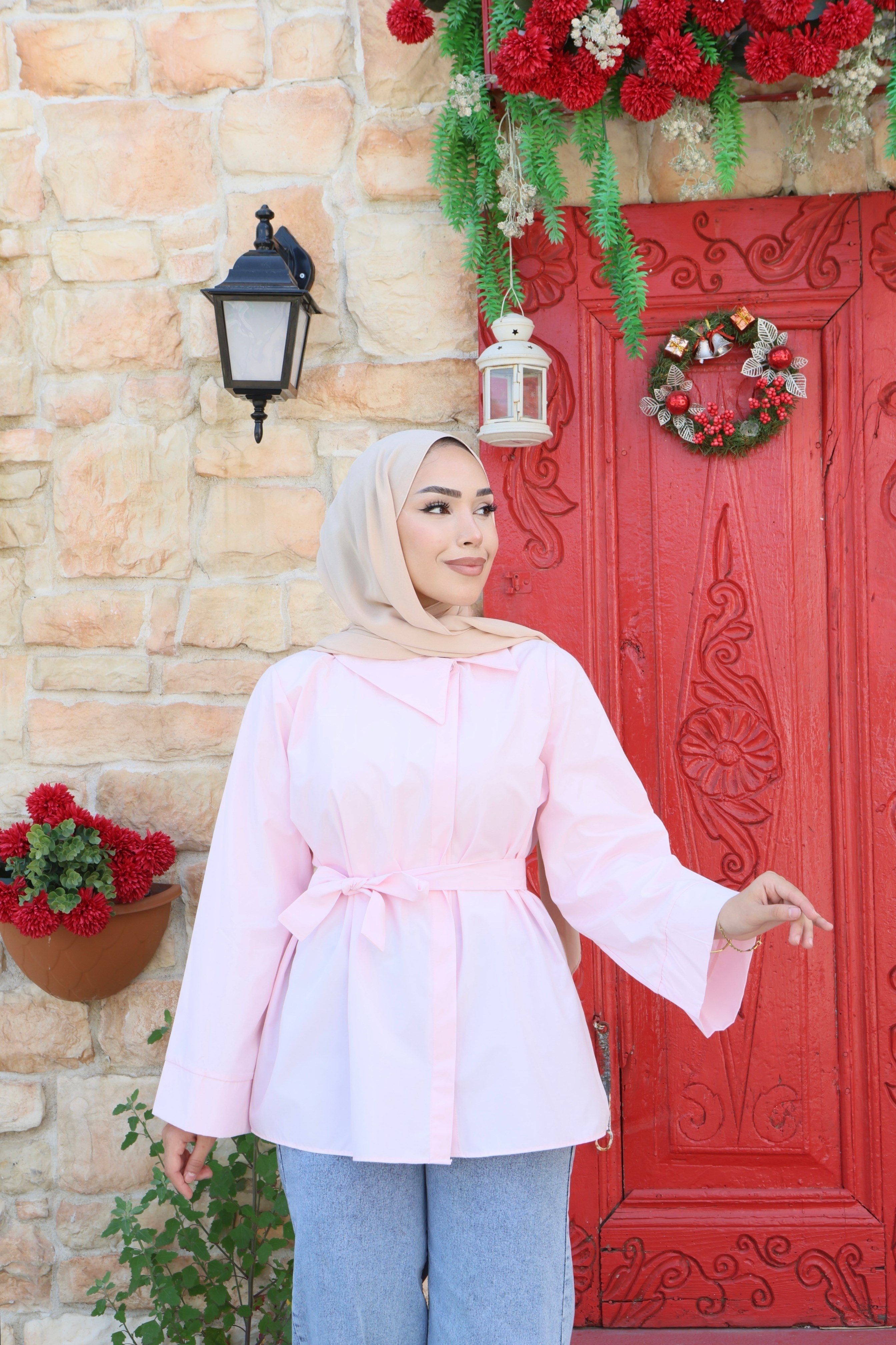 Belden Kuşaklı Geniş Kollu Poplin Gömlek