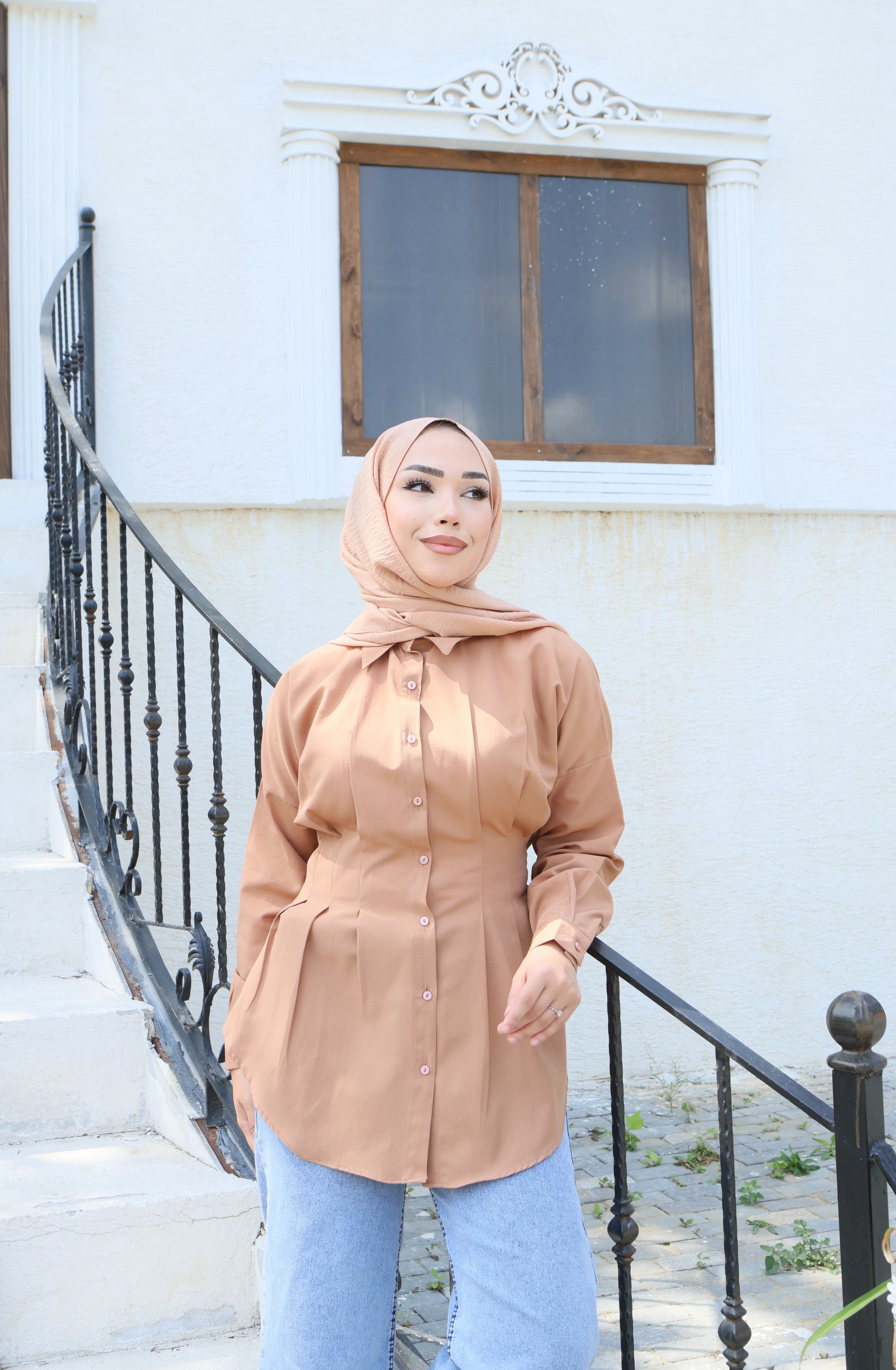 Belden Oturtmalı Pileli Gömlek - Camel