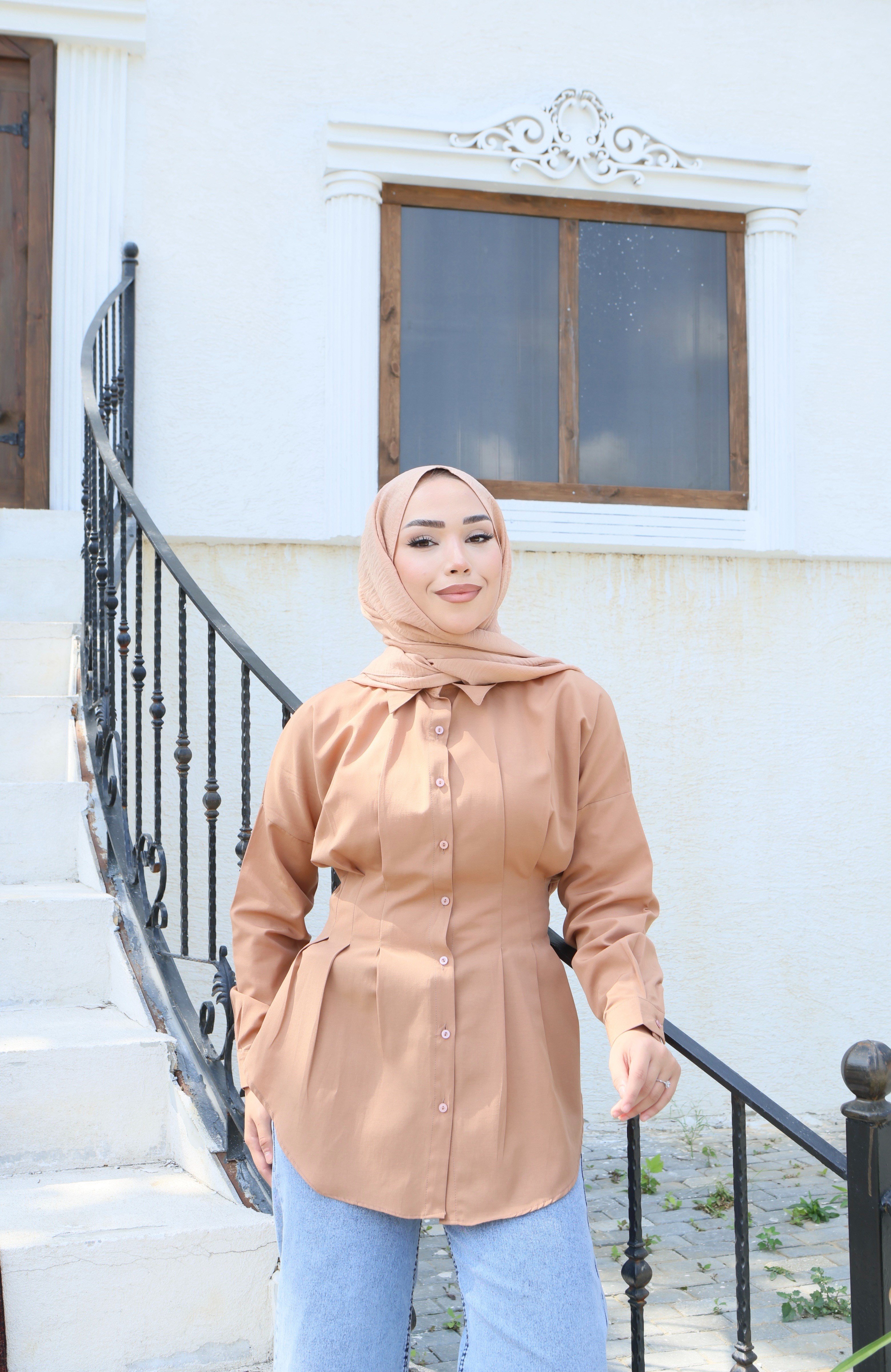 Belden Oturtmalı Pileli Gömlek - Camel