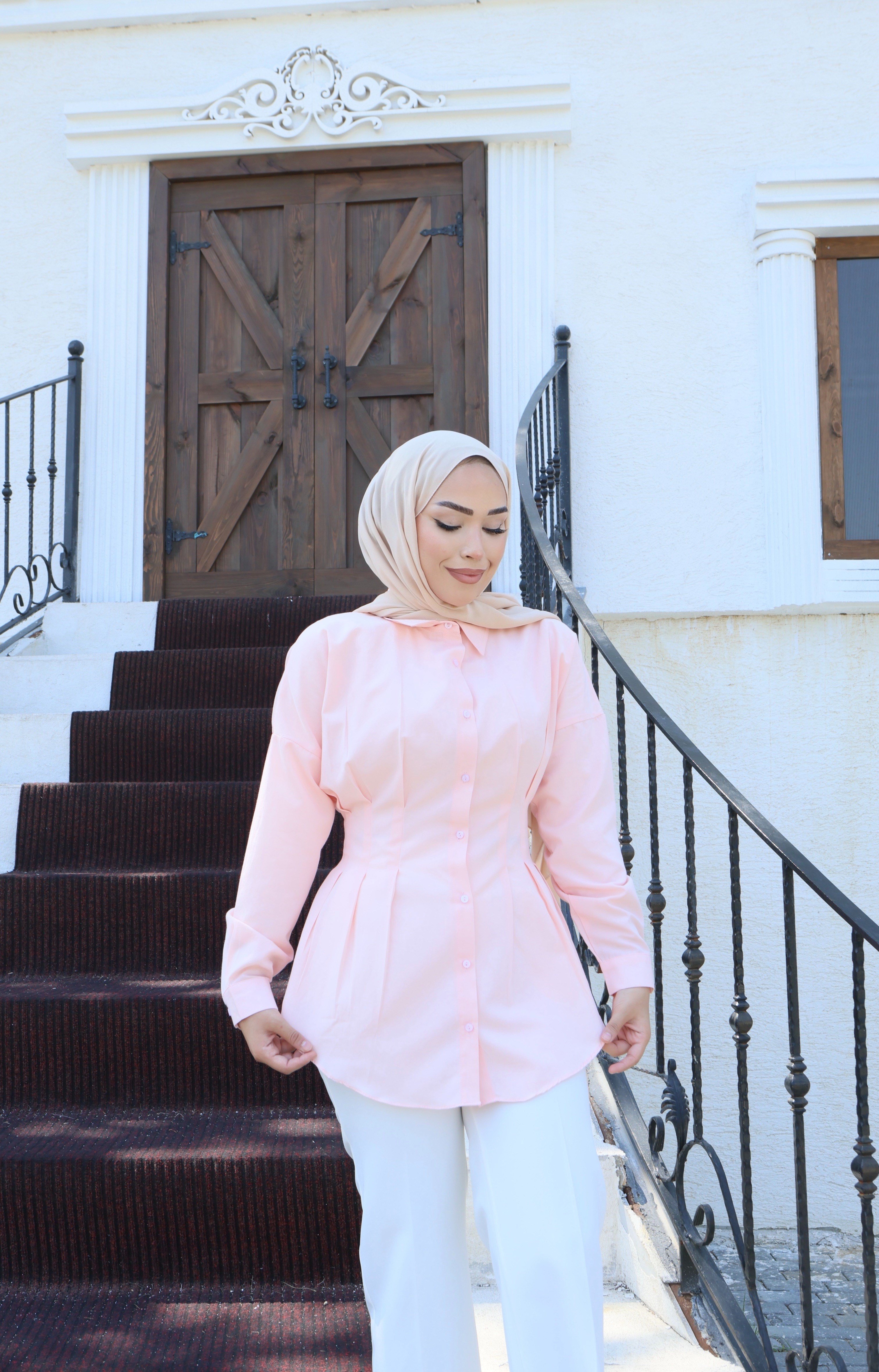 Belden Oturtmalı Pileli Gömlek - Pembe