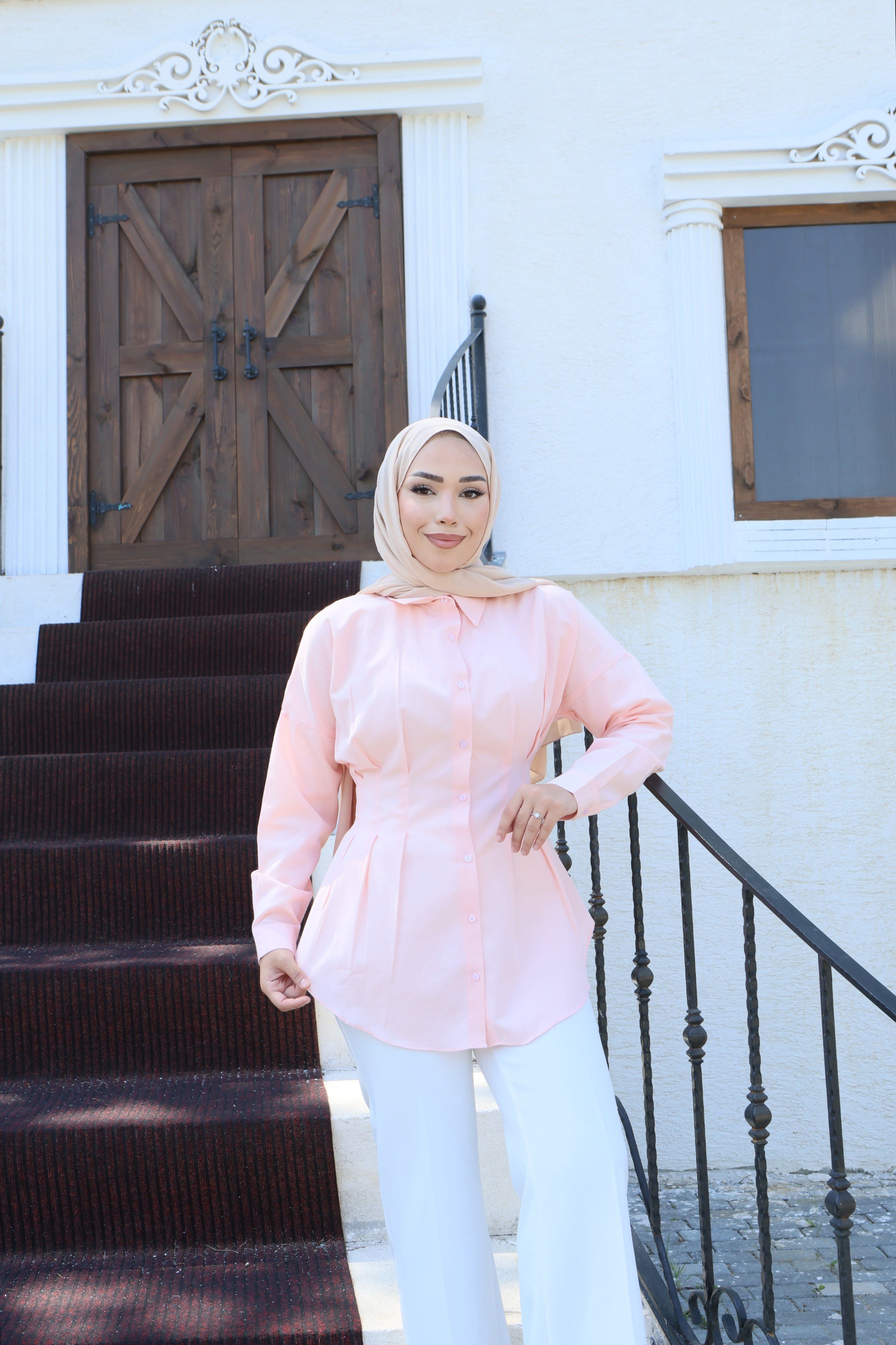 Belden Oturtmalı Pileli Gömlek - Pembe