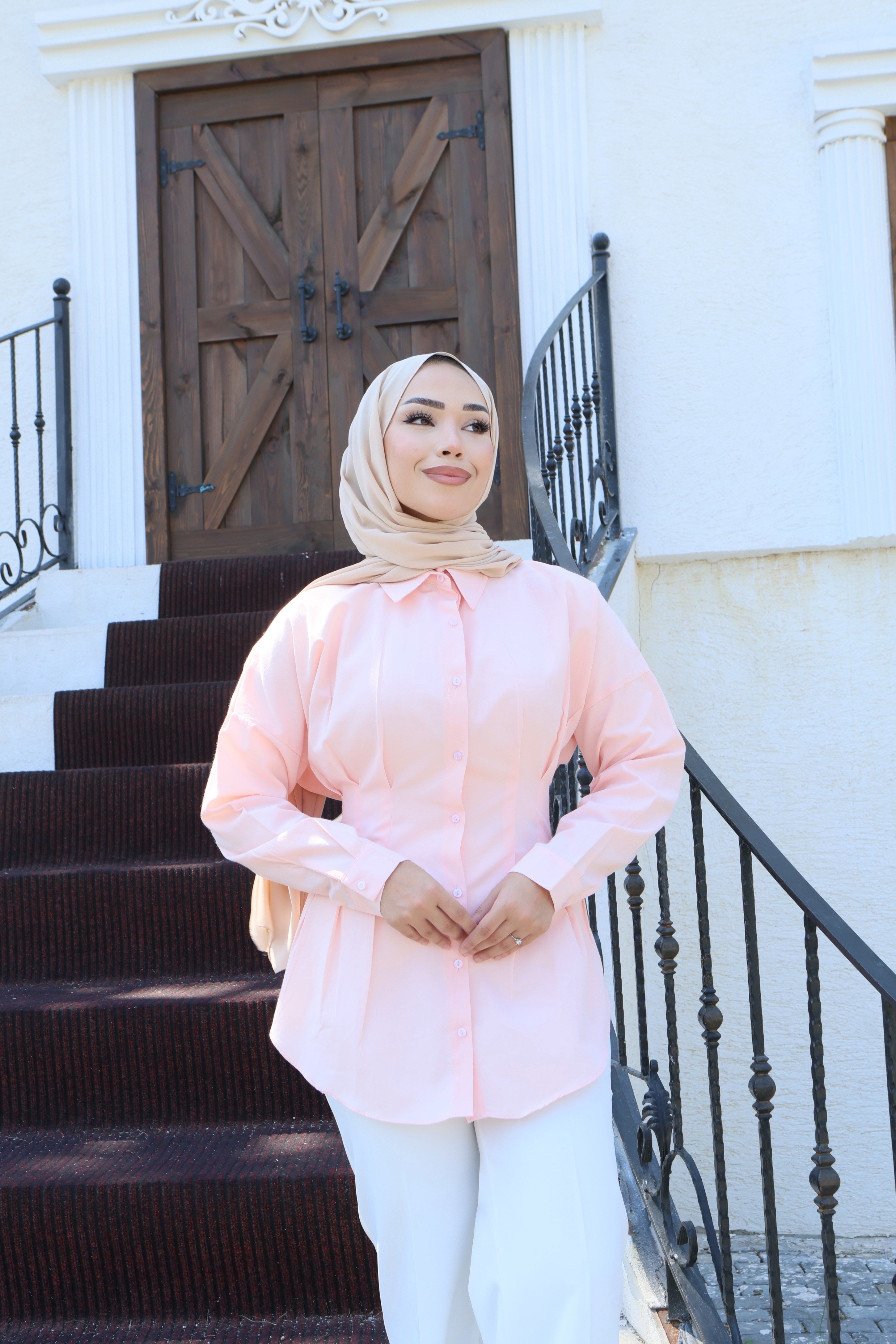 Belden Oturtmalı Pileli Gömlek - Pembe