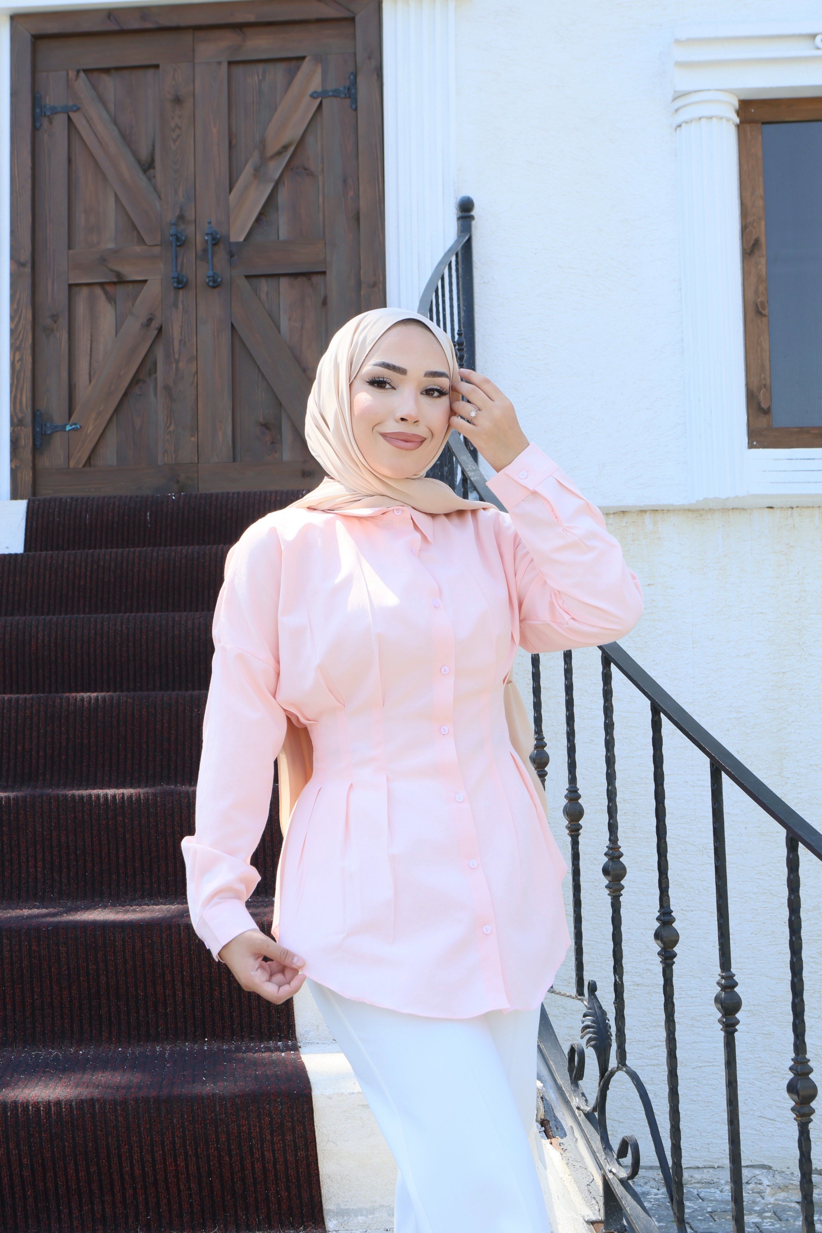 Belden Oturtmalı Pileli Gömlek - Pembe