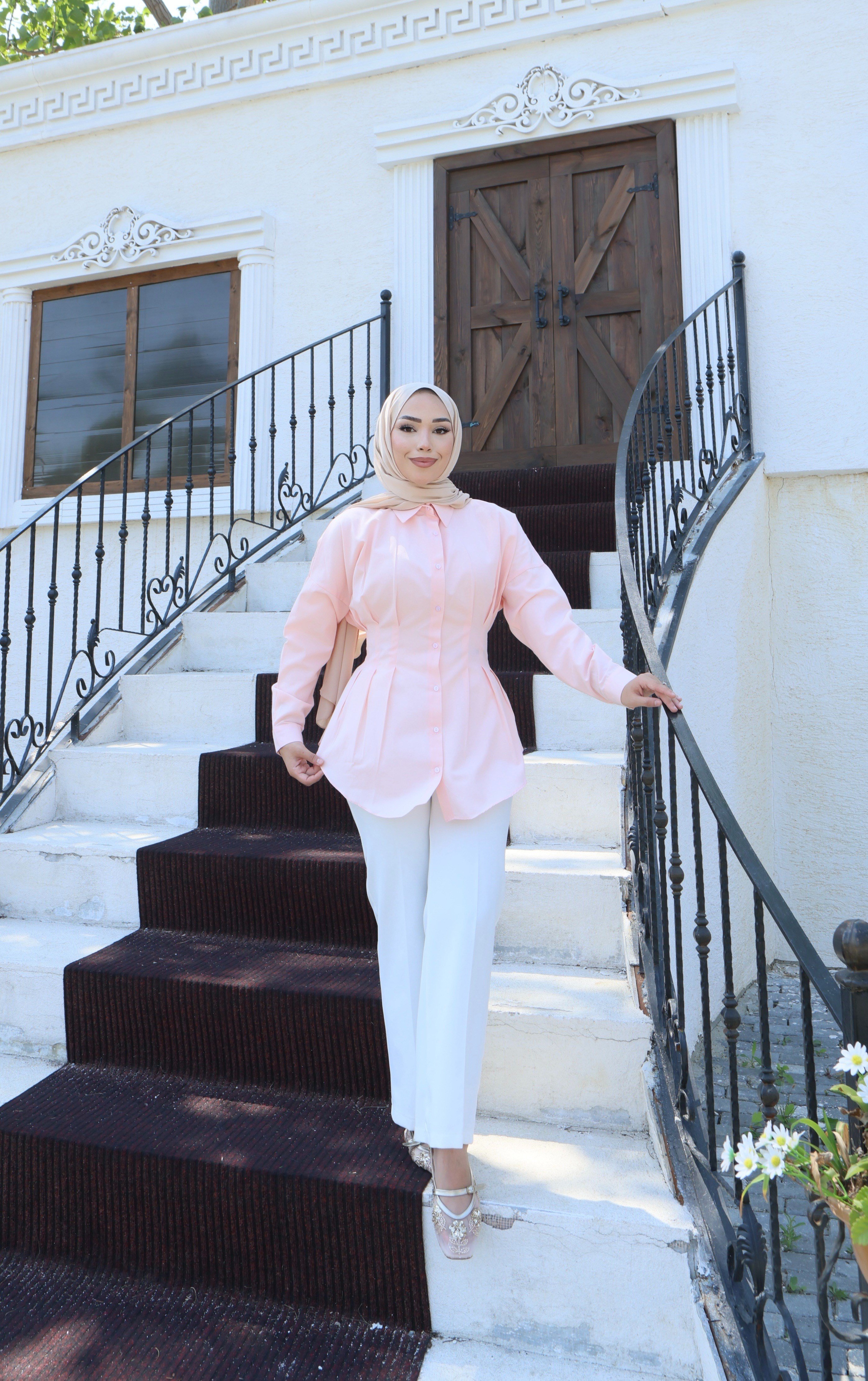 Belden Oturtmalı Pileli Gömlek - Pembe