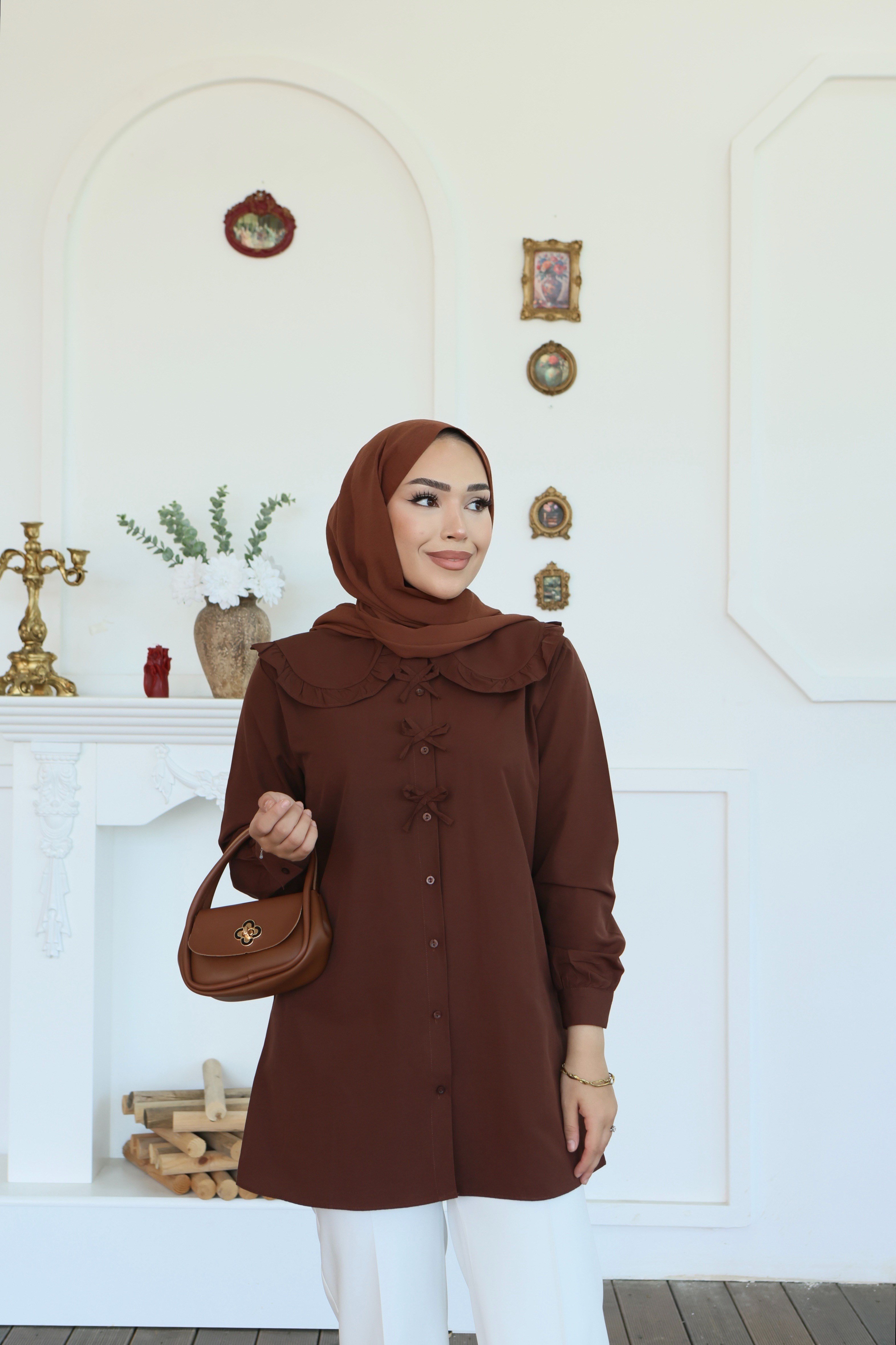 Fiyonk Detaylı Bebe Yaka Tunik - Kahverengi