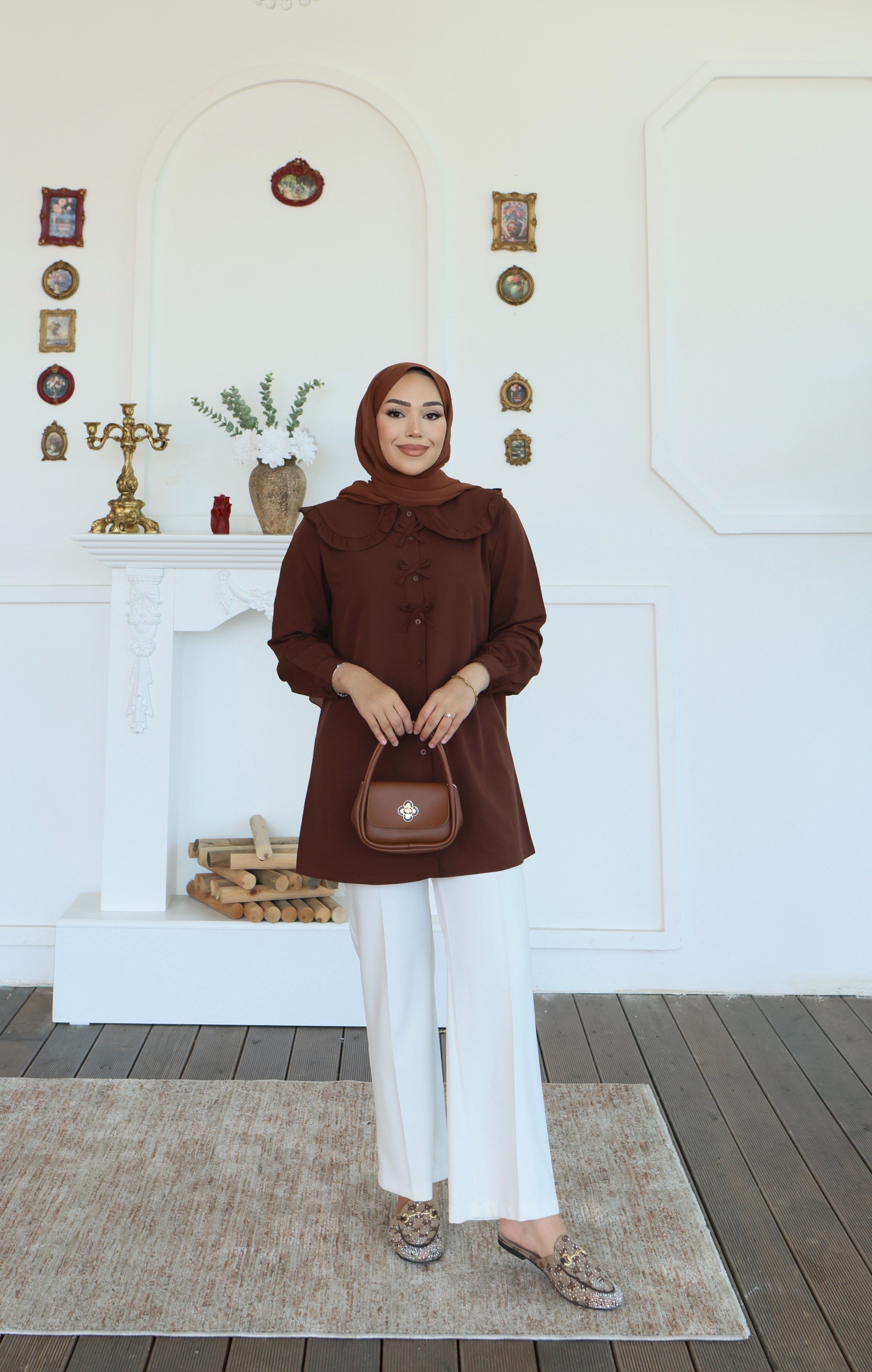 Fiyonk Detaylı Bebe Yaka Tunik - Kahverengi