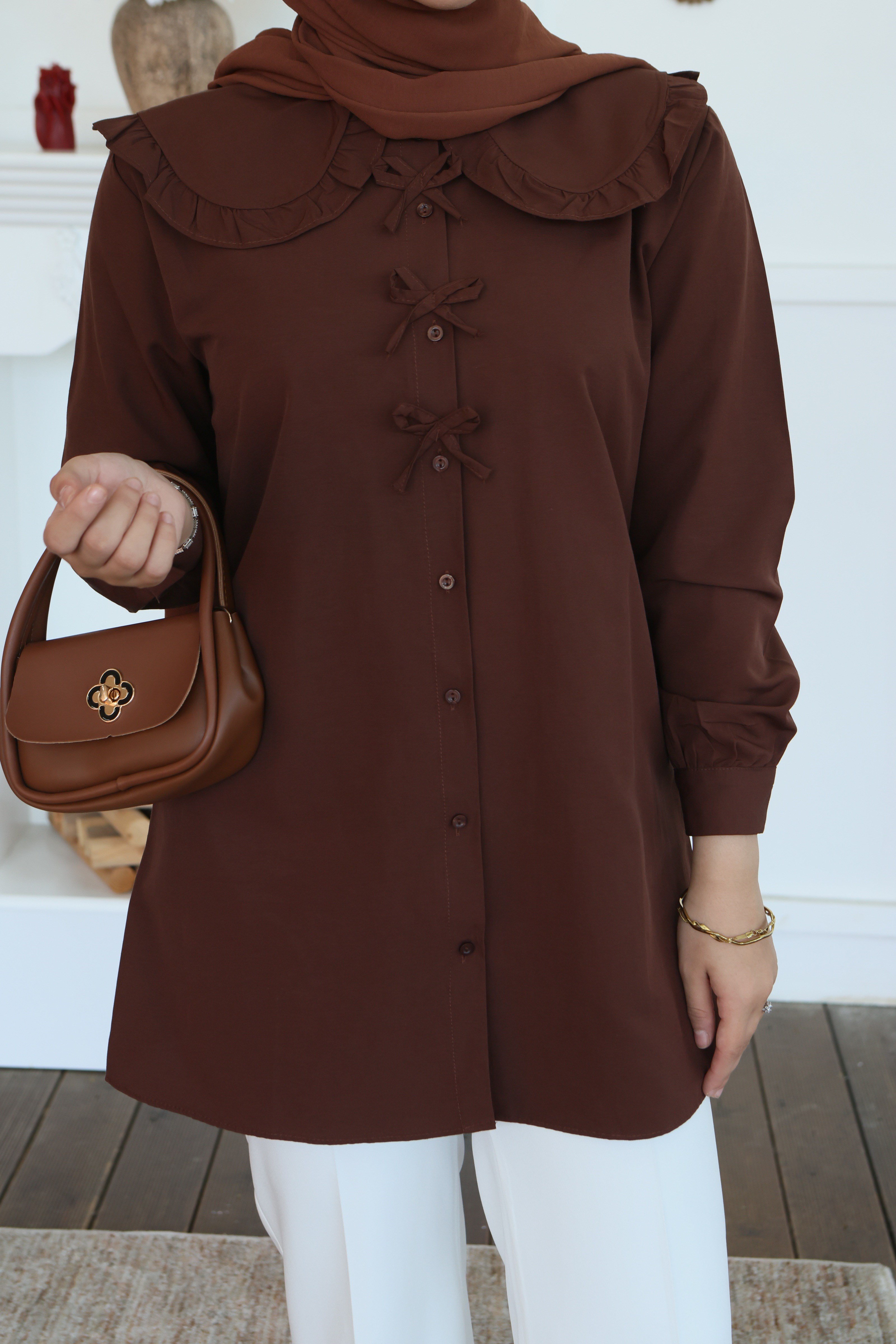 Fiyonk Detaylı Bebe Yaka Tunik - Kahverengi