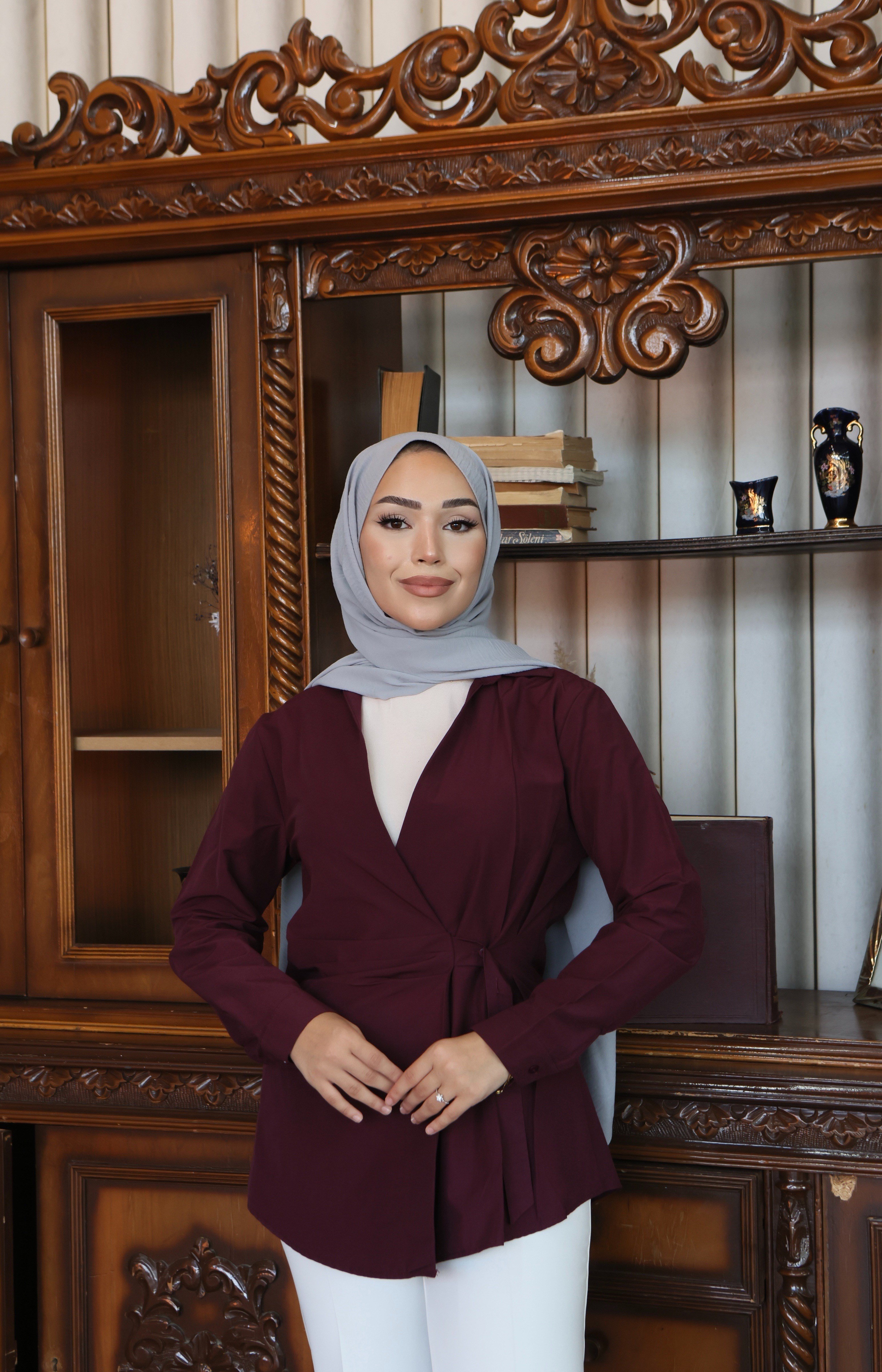 Kruvaze Bağlamalı Poplin Gömlek - Bordo