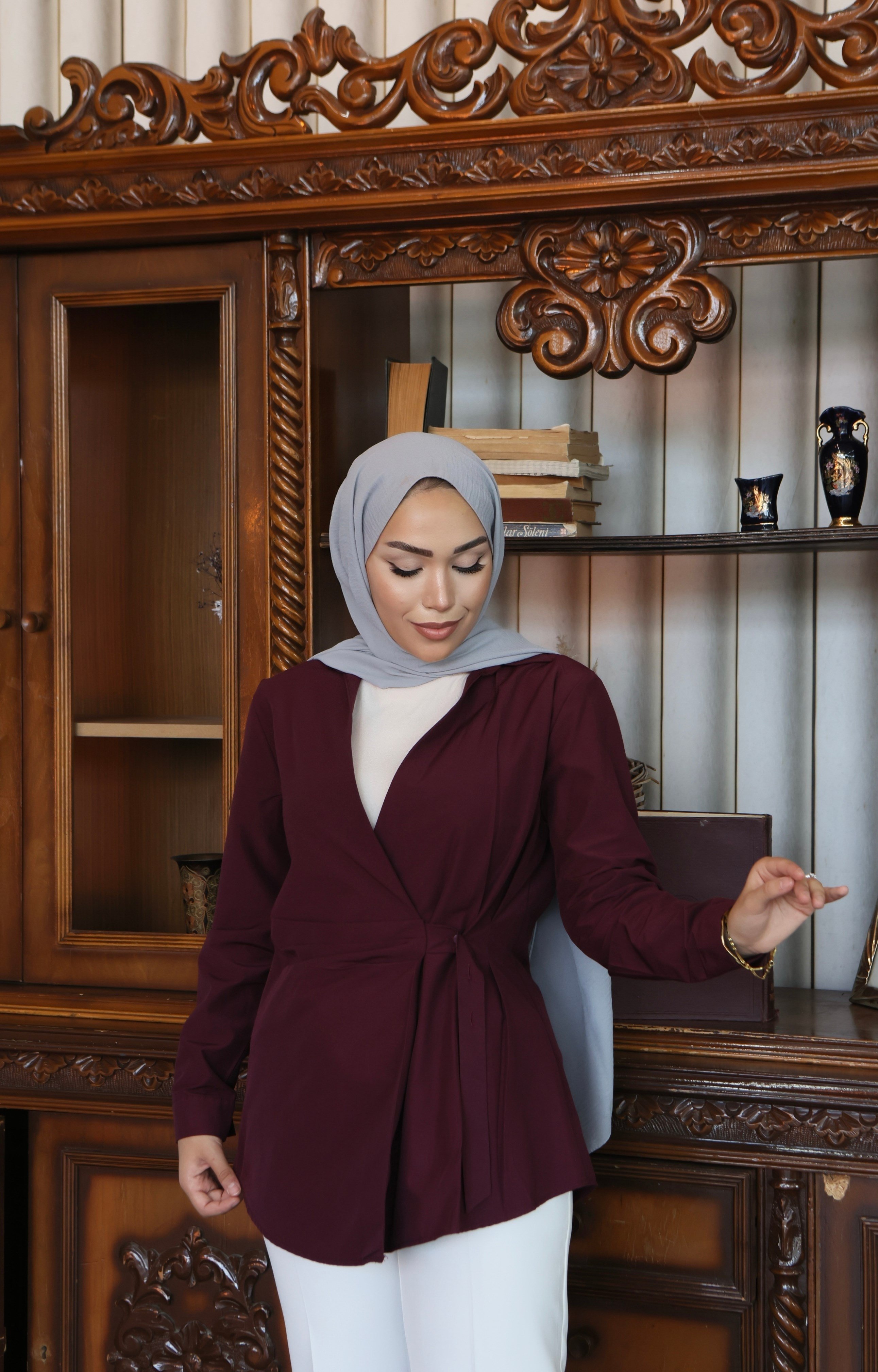 Kruvaze Bağlamalı Poplin Gömlek - Bordo
