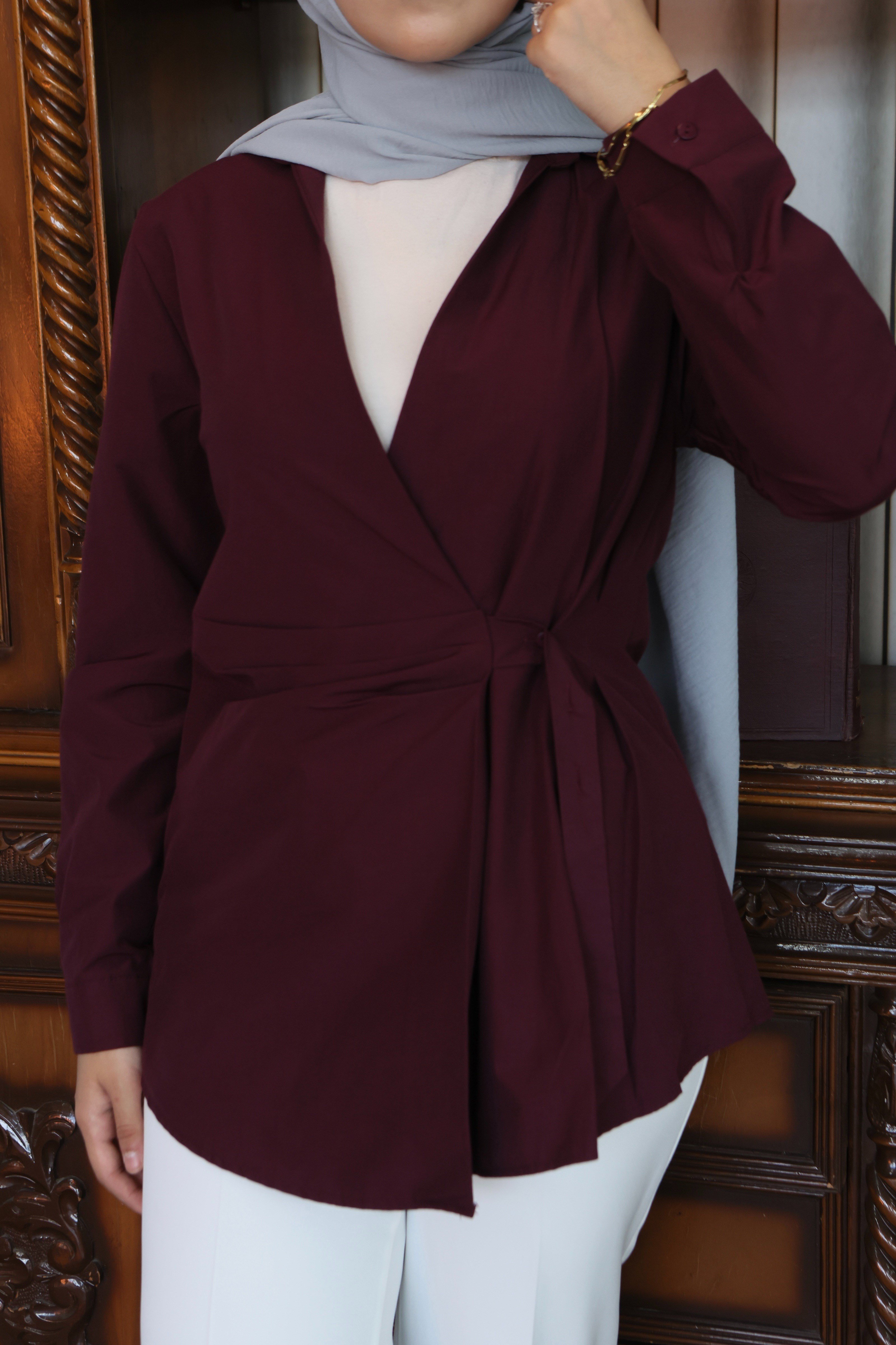 Kruvaze Bağlamalı Poplin Gömlek - Bordo