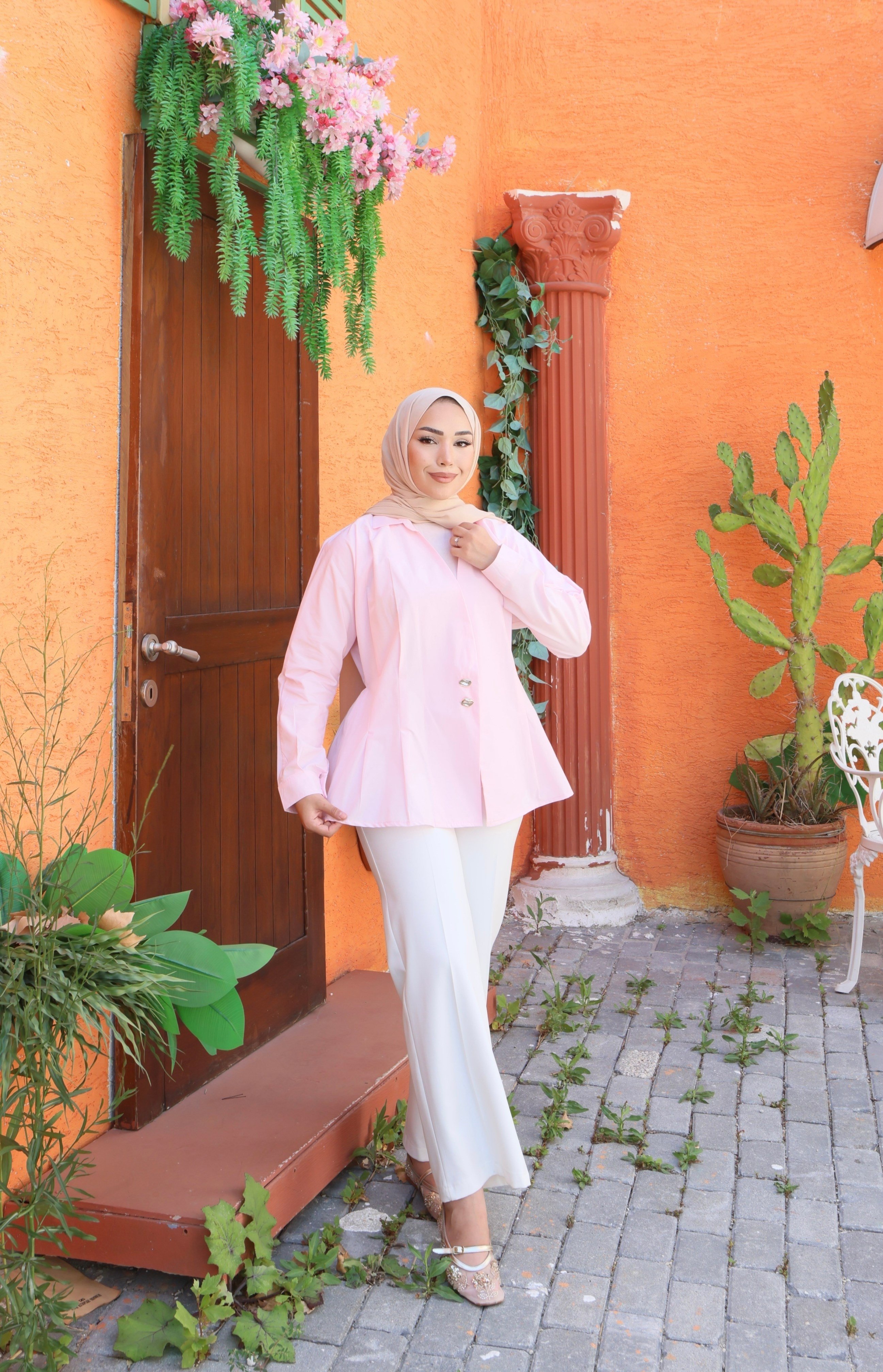 Kruvaze Kesim Düğme Detaylı Gömlek - Pembe