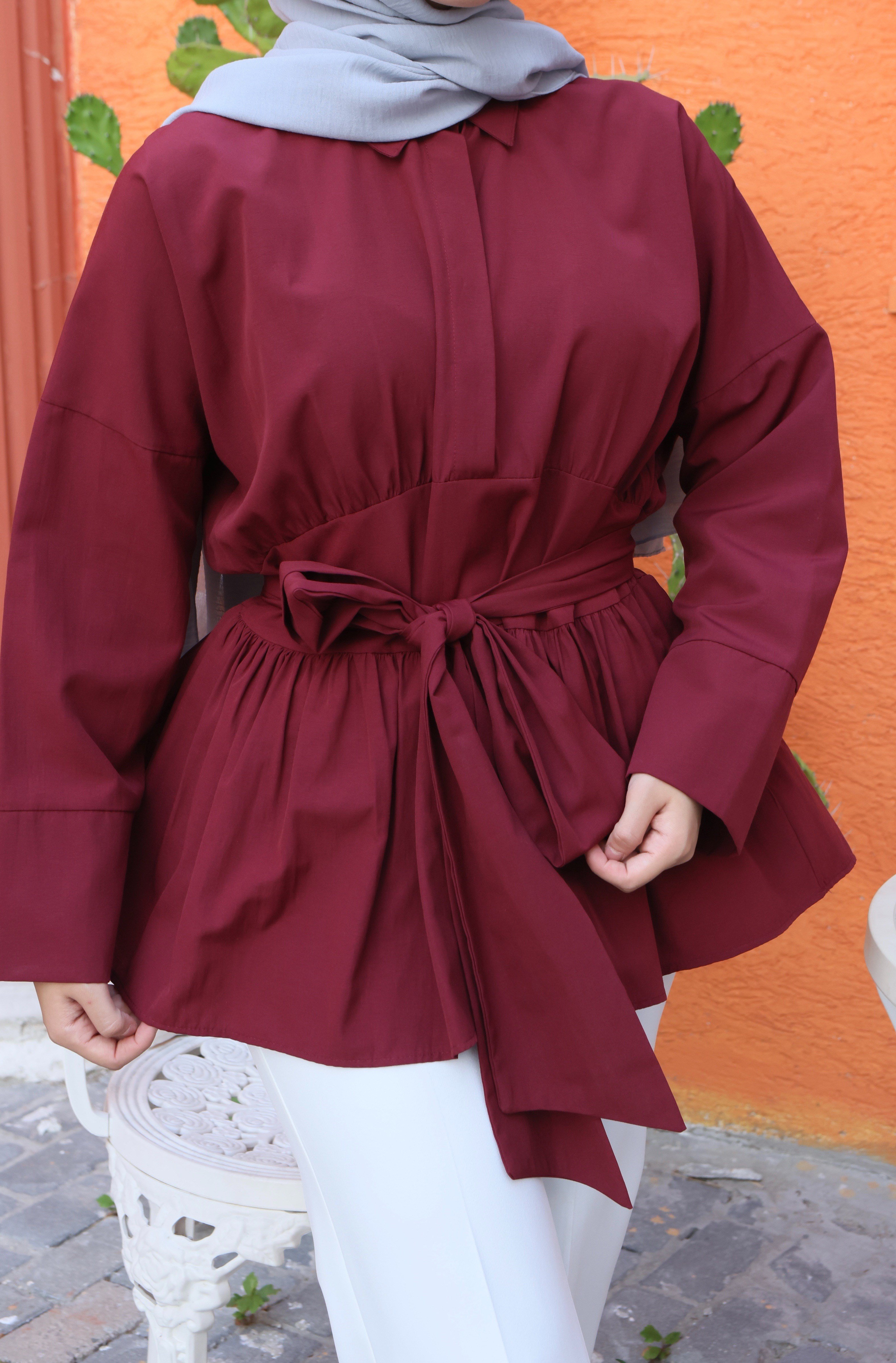 Kuşak Detaylı Salaş Gömlek Bordo