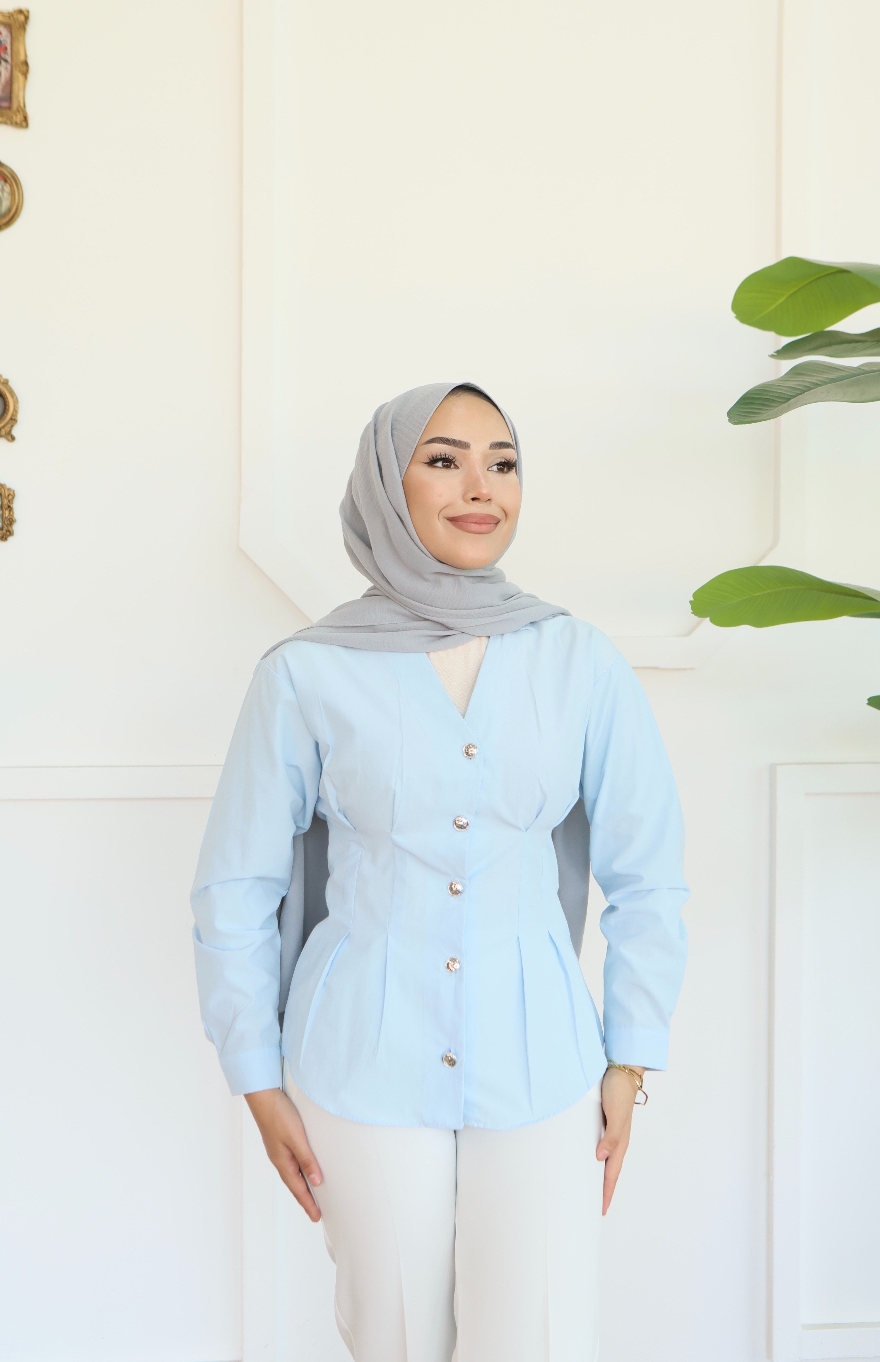 Peplum Bel Oturtmalı Gömlek - Bebe Mavi