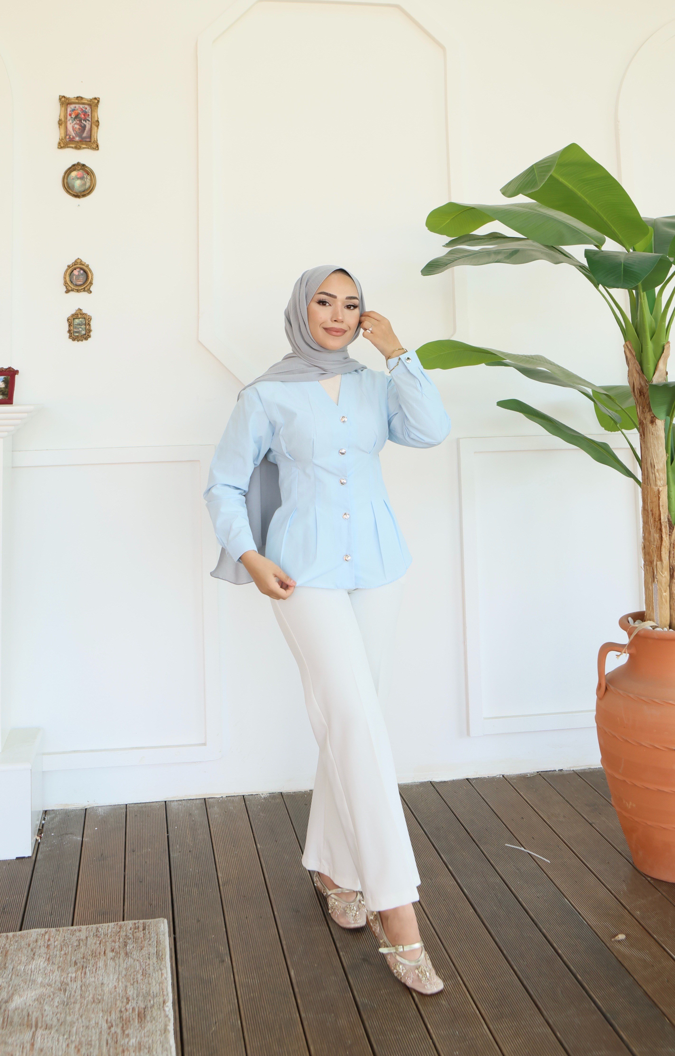 Peplum Bel Oturtmalı Gömlek - Bebe Mavi