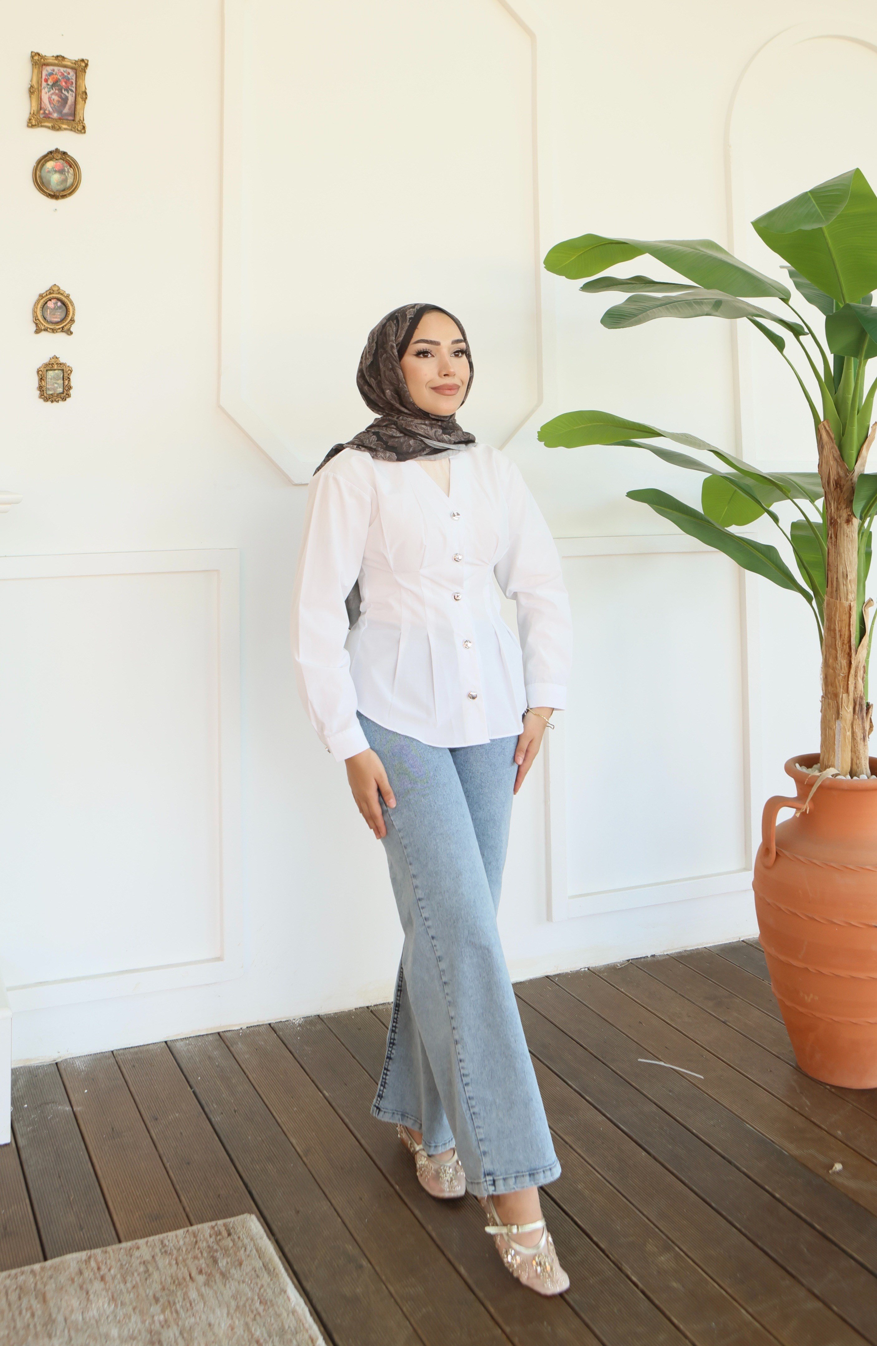 Peplum Bel Oturtmalı Gömlek - Beyaz
