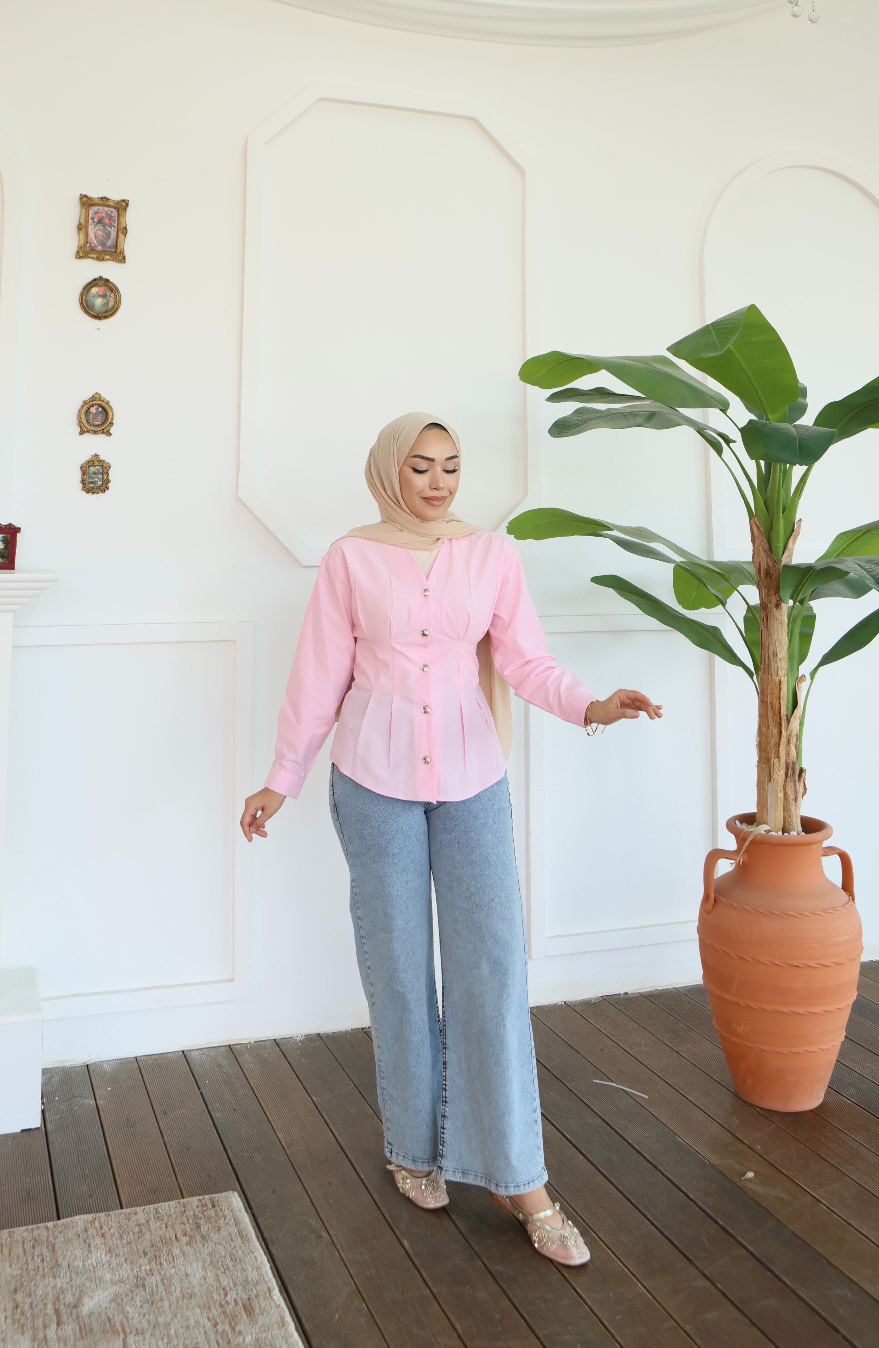 Peplum Bel Oturtmalı Gömlek - Pembe