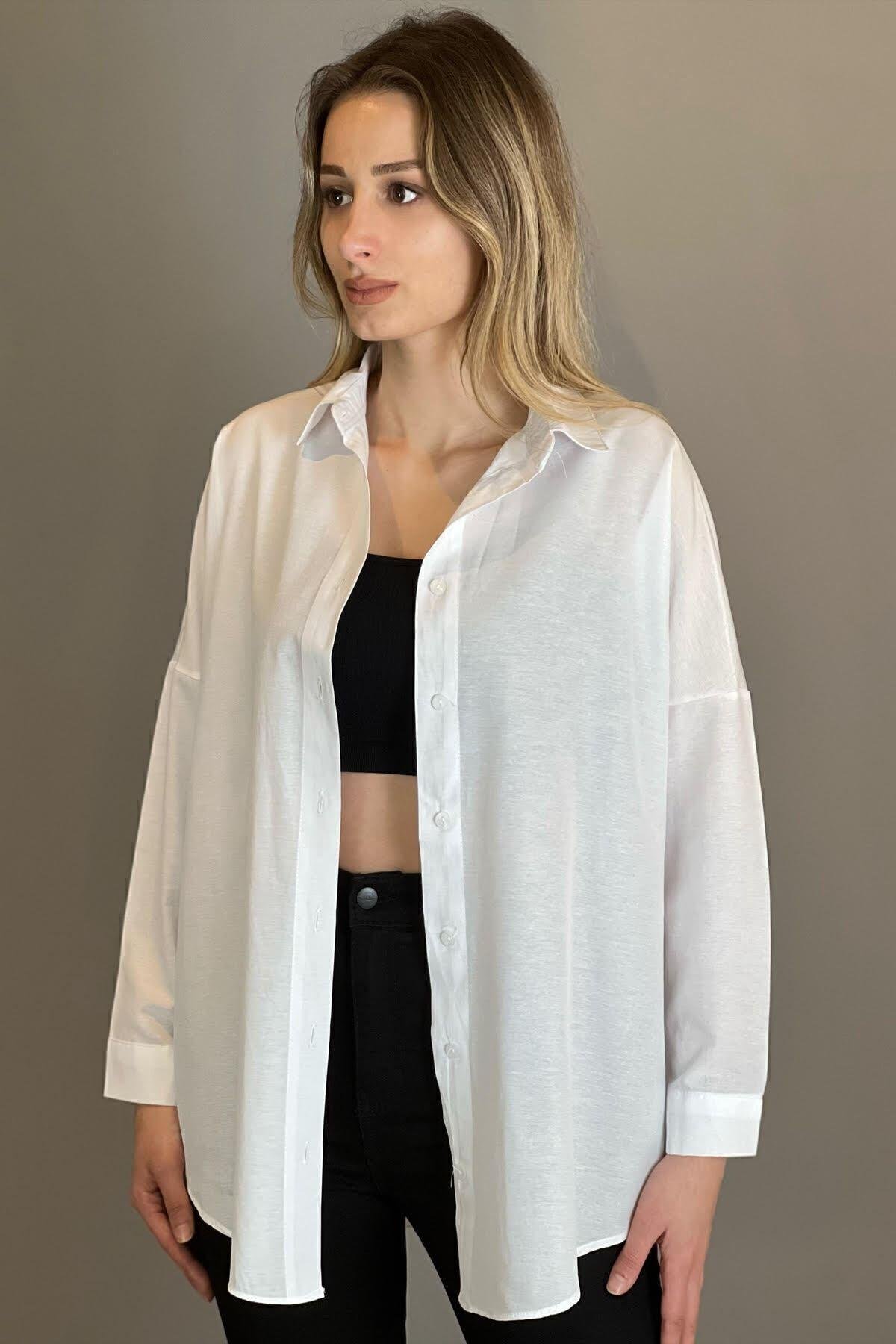Yeni Sezon Oversize Beyaz Kadın Gömlek