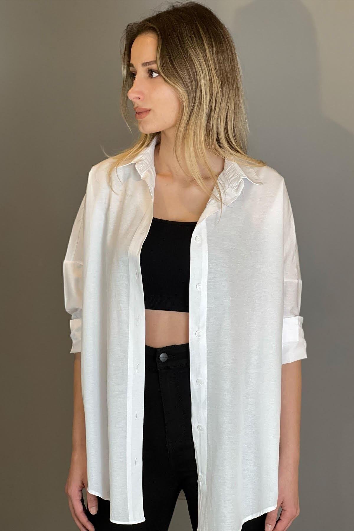 Yeni Sezon Oversize Beyaz Kadın Gömlek