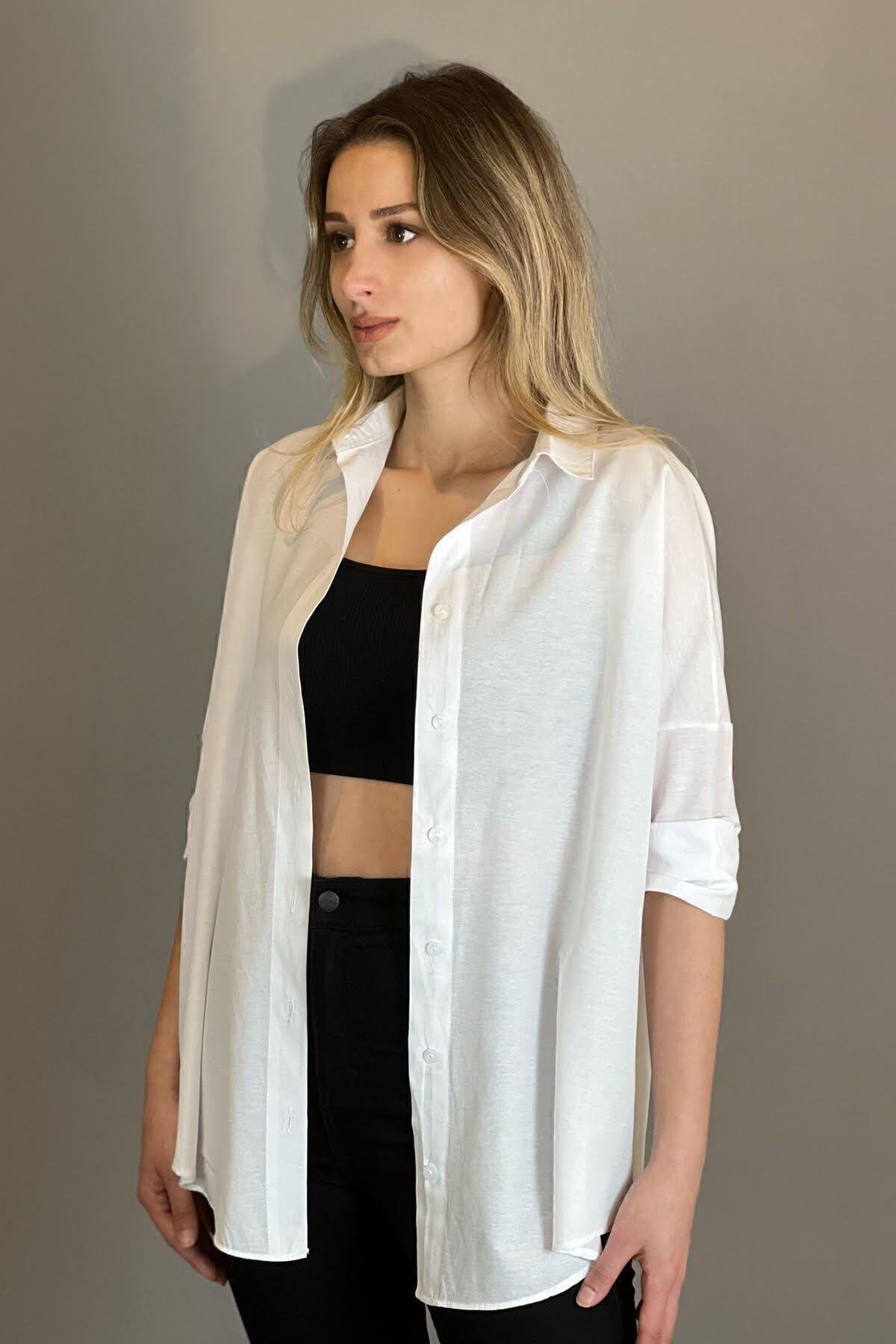 Yeni Sezon Oversize Beyaz Kadın Gömlek