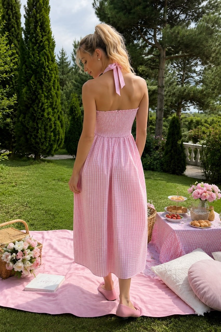 KARE YAKA BOYUN BAĞCIKLI PÖTİKARELİ MİDİ ELBİSE