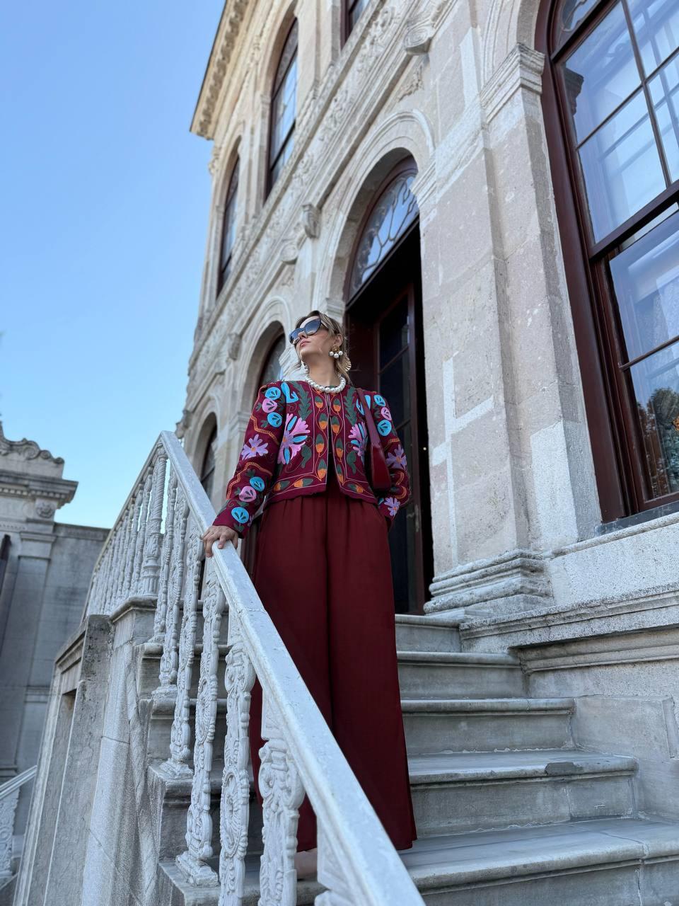 NAKIŞ TASARIMLI BORDO CEKET