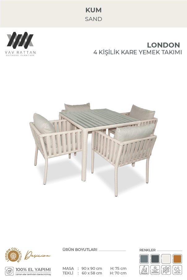 London  4 Kişilik Kare Yemek Takımı