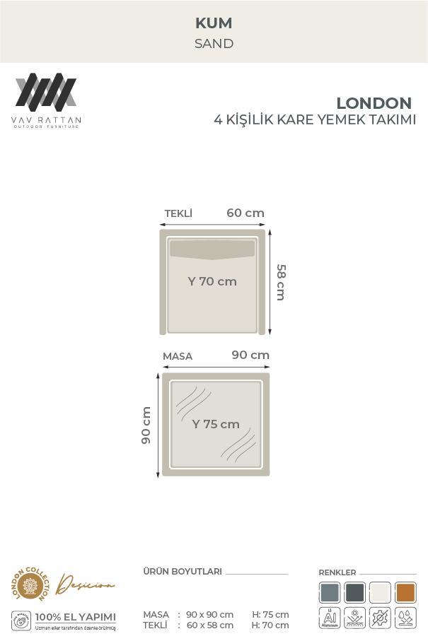 London  4 Kişilik Kare Yemek Takımı