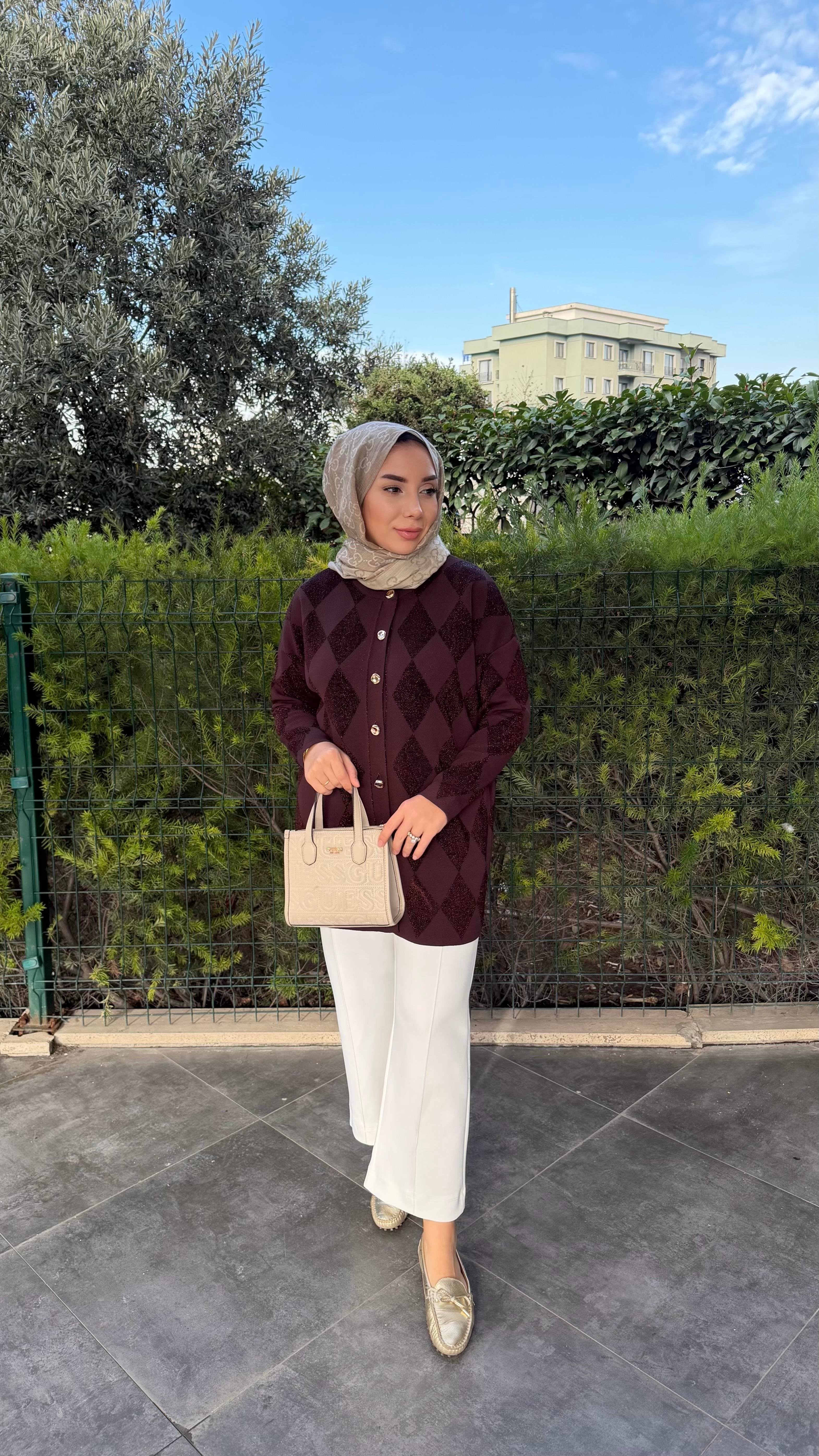 Merserize simli hırka kahve